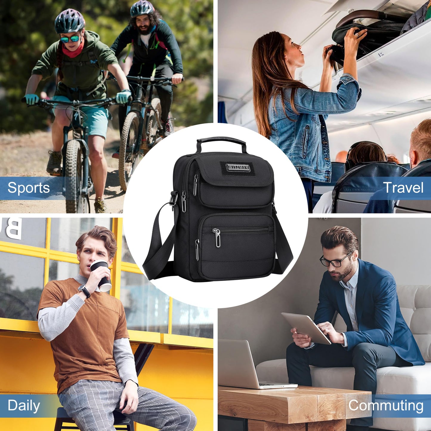 WITZMAN Crossbody Bag for Men Casual Shoulder Bag Lightweight Nylon Messenger Bag Small Man Purse for Work Travel(B710 Black)