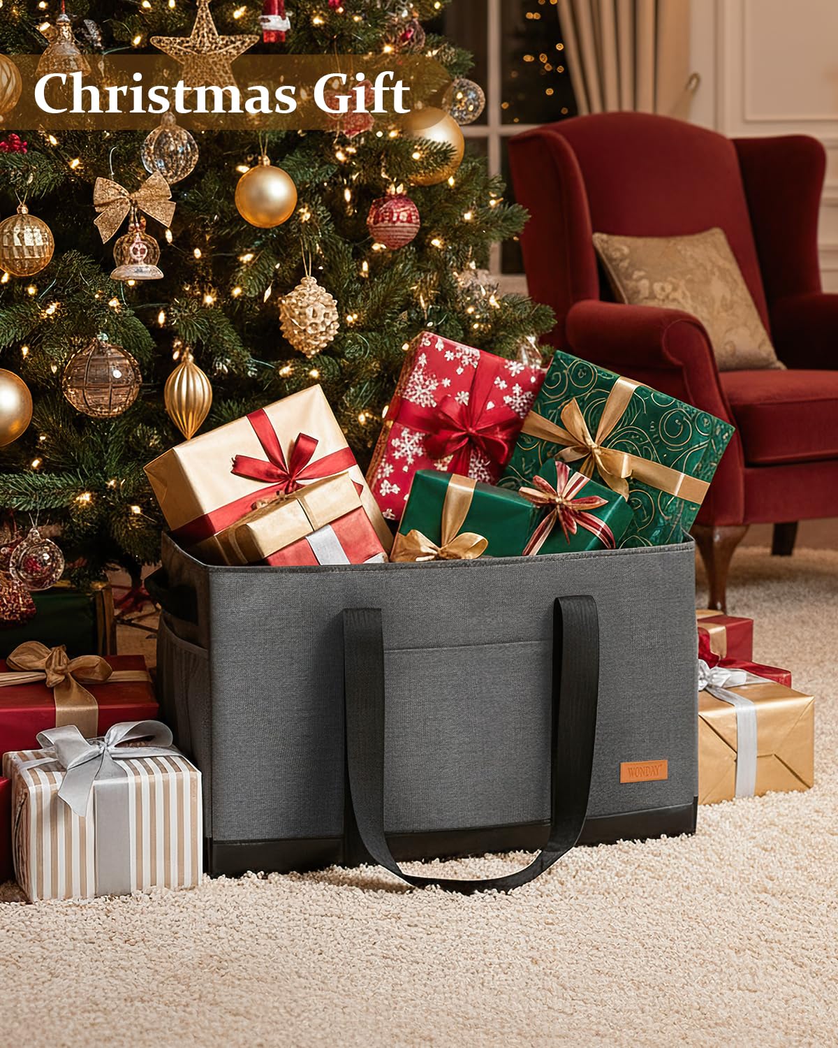 WONDAY Extra Large Utility Tote Bag - Standing Reusable Grocery Bag with Handle, Collapsible Storage for Shopping, Beach