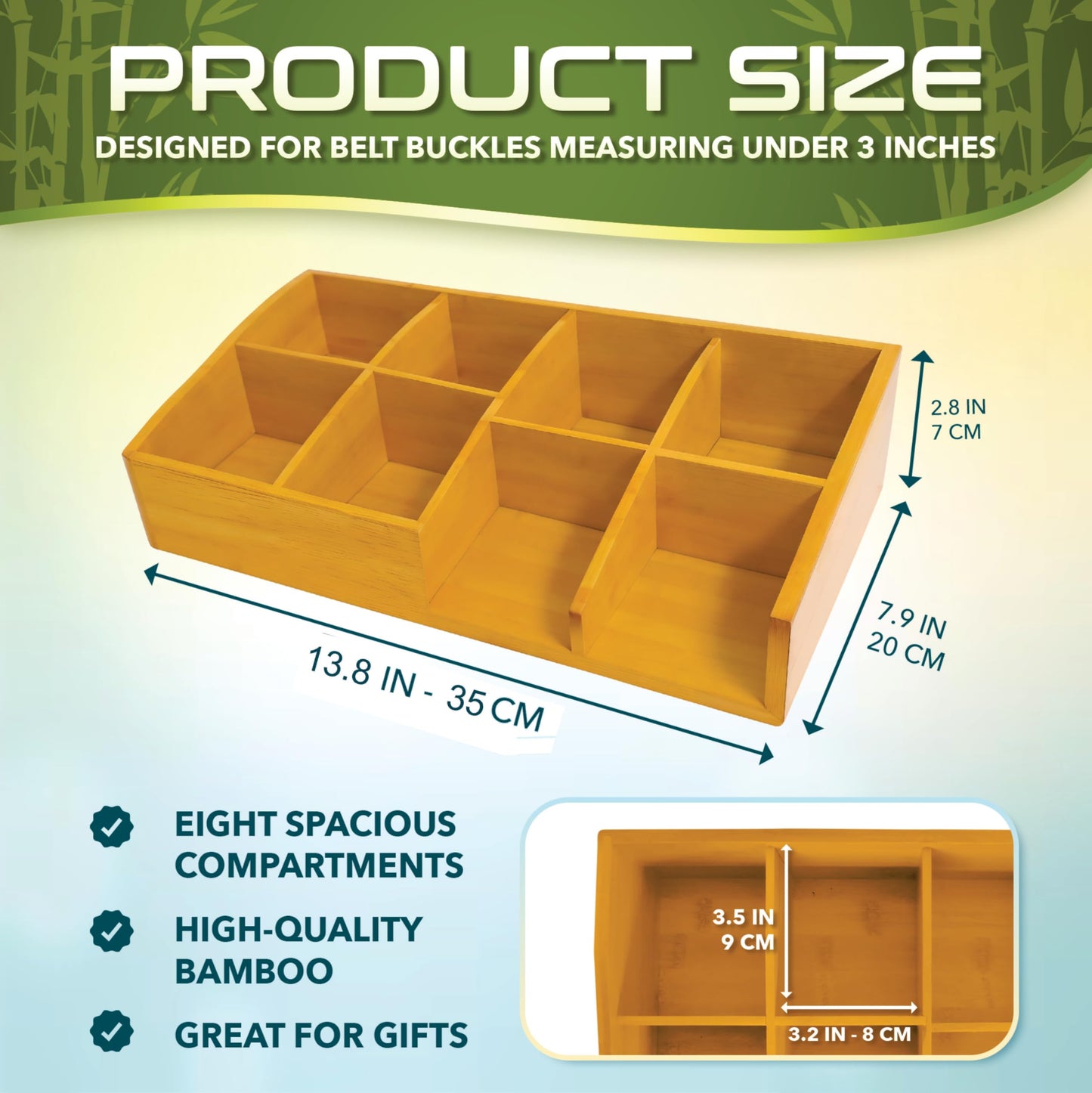 Belt Organizer for Closet and Drawer – 8 Compartments Bamboo Storage Box for Belts and Ties – Eco-Friendly Natural Bamboo