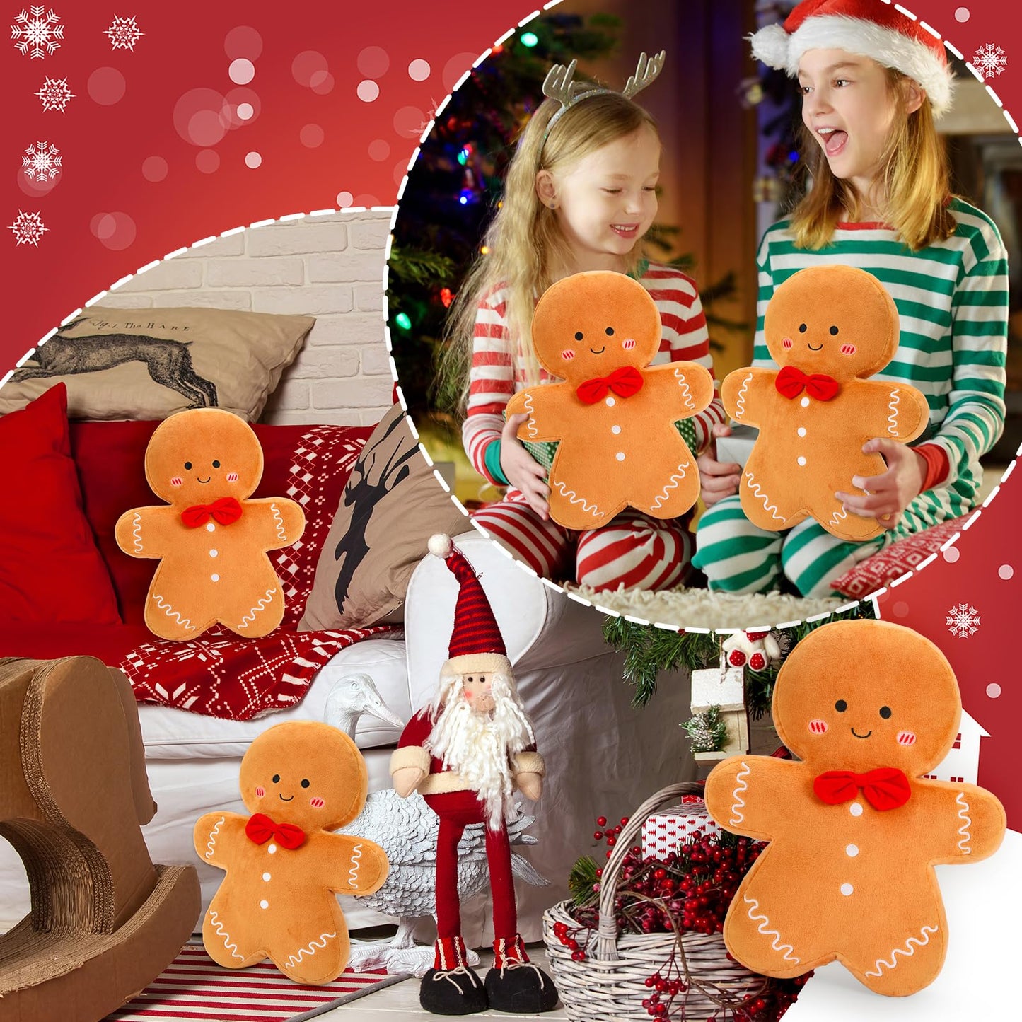 Whaline Christmas Gingerbread Throw Pillows 15.7 in Decorative Cute Stuffed Gingerbread Man Shaped Pillows for Xmas Party Home Couch Cushion, Set of 2
