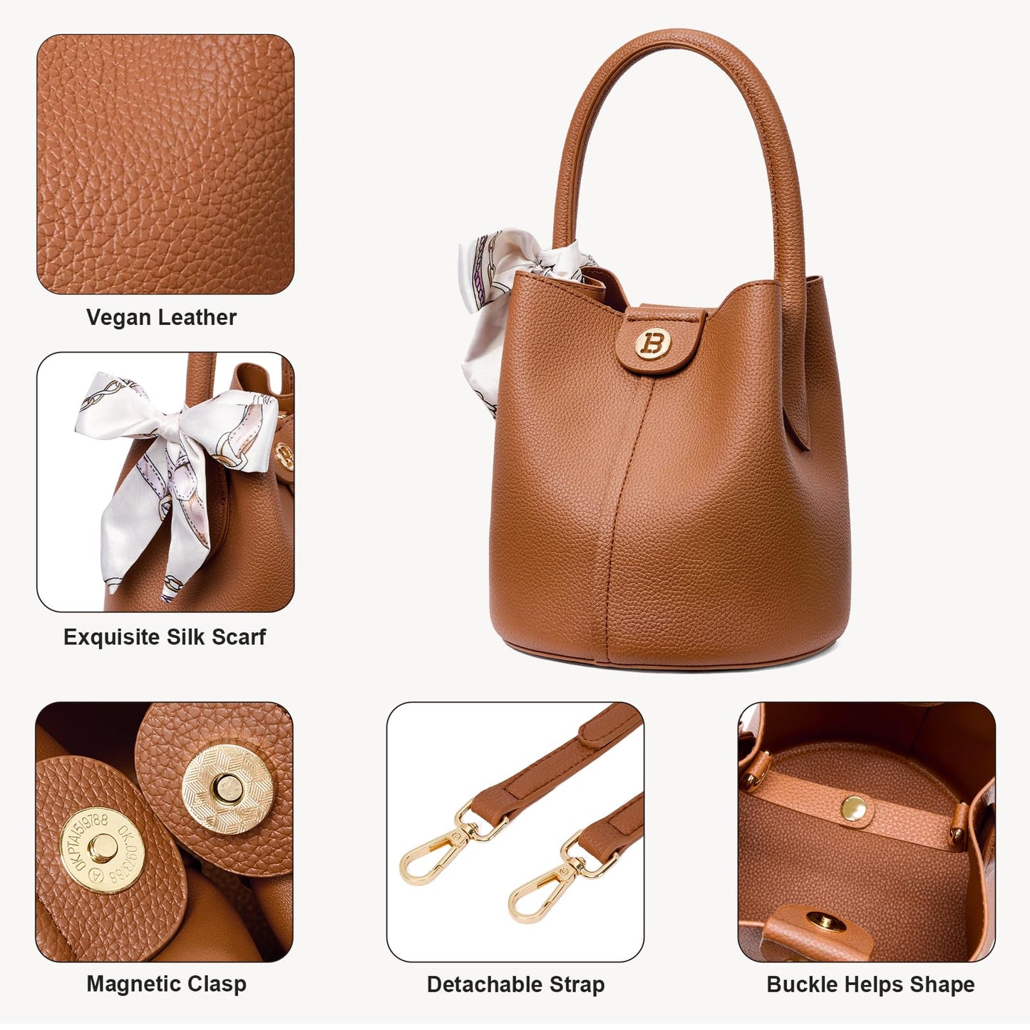 BOSTANTEN Small Crossbody Bags for Women Vegan Leather Mini Bucket Handbag Removable Shoulder Strap Brown