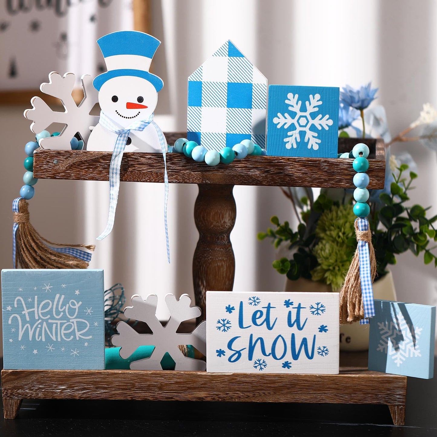Sawysine 8 Pieces Winter Tiered Tray Decor, Let It Snow Sign Decor Farmhouse Snowflake Wooden Signs for Holiday Shelf Kitchen Coffee Bar(Blue, White)