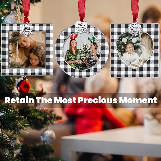 GUOER 3PCS Christmas Tree Ornaments Set Picture Frame Ornament Holiday Keepsake Gift Home Decor Christmas Decorations Xmas Gifts Pendant with 2.5” Photo Frame Insert (Black White 2025)
