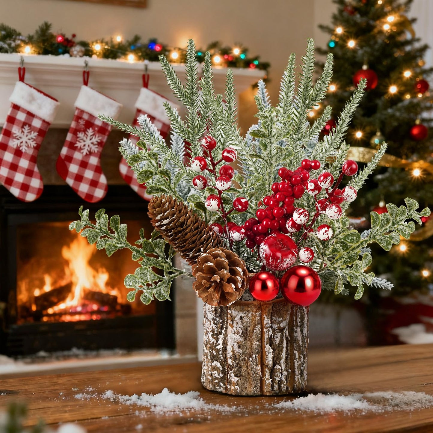 Shaxcoq Christmas Centerpieces for Tables – Tabletop Christmas Decorations with Pine, Cones & Berries – Indoor Holiday Decors for Home, Office, Kitchen or Fireplace Mantel