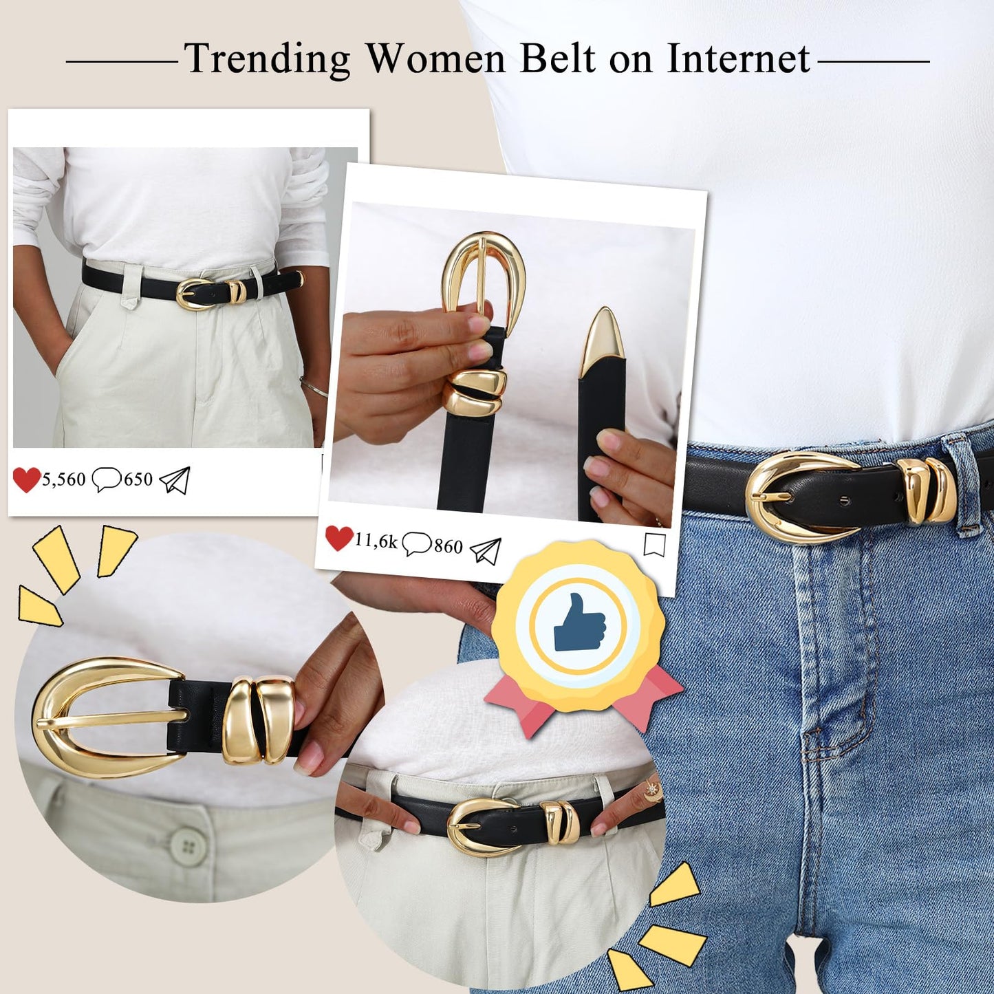 IDUNNVERVE Belts for Women with Gold Buckle – Adjustable Black leather Belt for Jeans, Dress, Pants