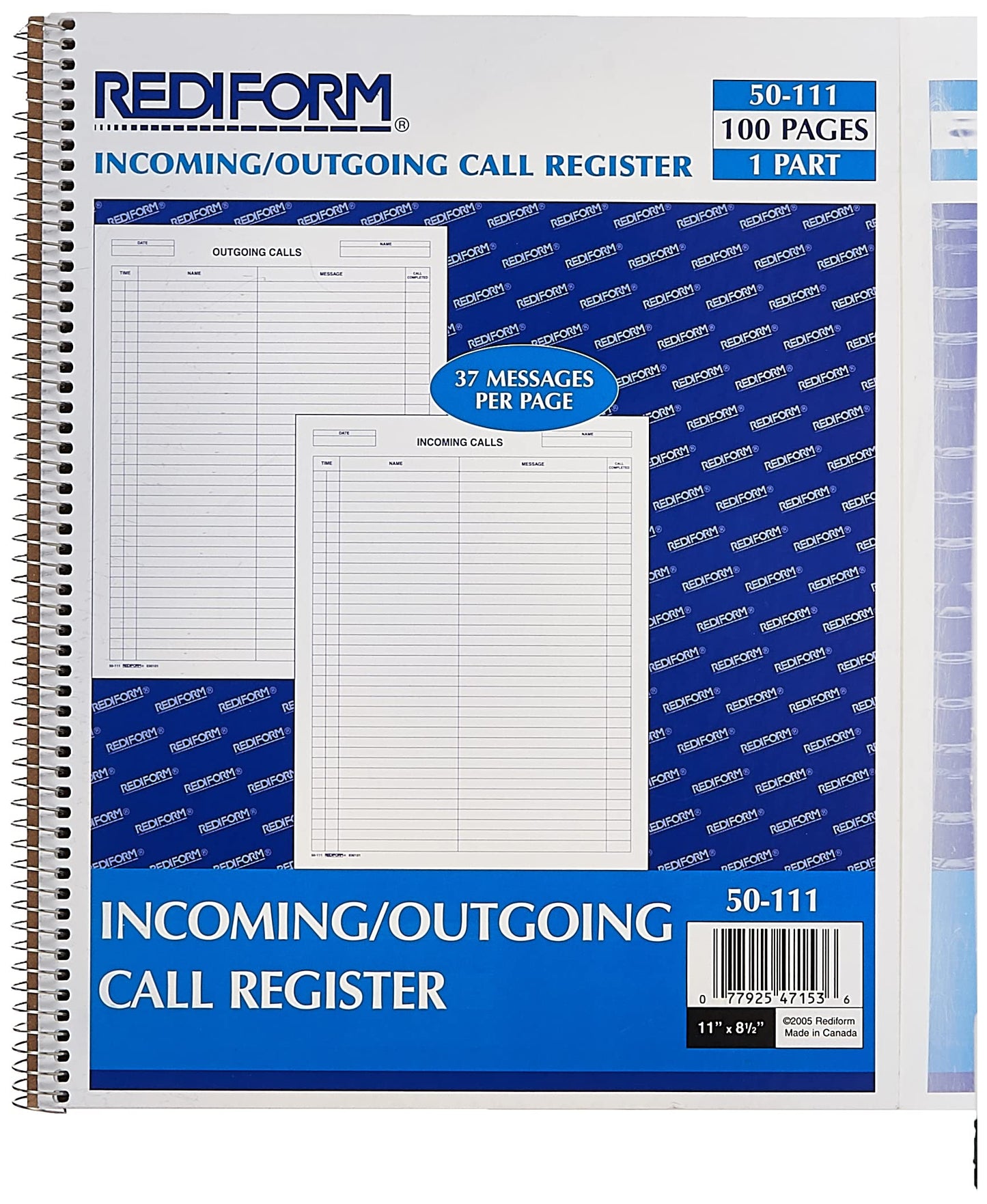 Rediform Call Register Book, Spiral Binding, 11" x 8.5", 100 Pages, 37 Messages Per Page (RED50111) (50111)