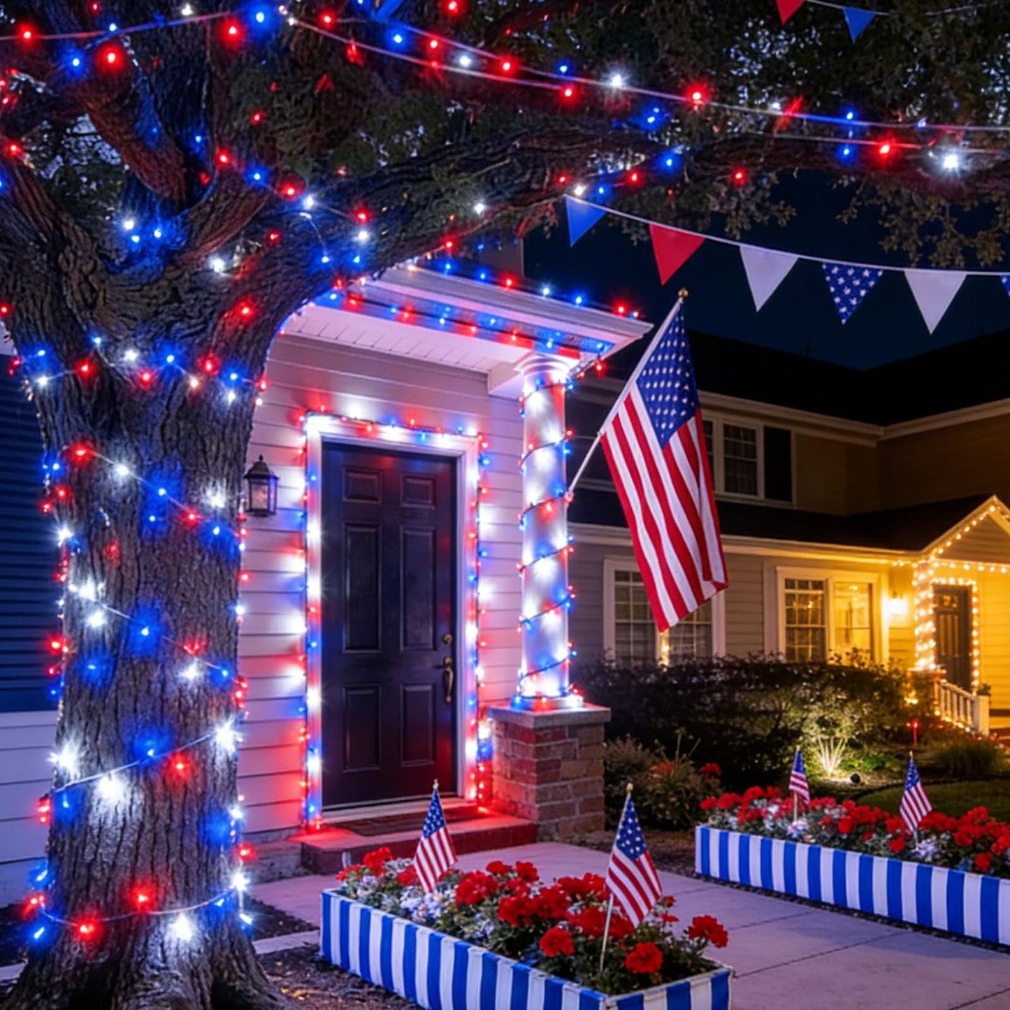 TWINGLEHOME 99ft (30 m) 300 LED String Lights with Clear Wire, 4" Spacing, Multifunctional Lighting Modes (Red, Cool White, Blue), Plug-in for Indoor Holiday, Nation Day