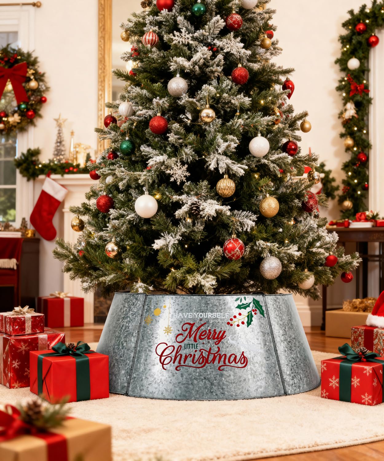 Putuo Decor Galvanized Christmas Tree Collar for 6-7.5 Ft Trees Metal Adjustable Stand Cover with Printed Merry Christmas Farmhouse Decor for Artificial Trees, 27 in Silver