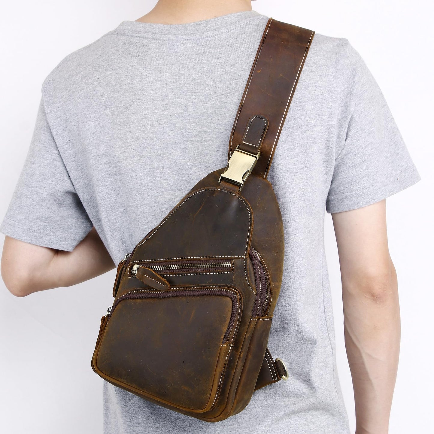 Vintage Full Grain Genuine Leather Sling Bag Men Women Crossbody Chest Shoulder Backpack Daypack Travel Hiking Deep Brown