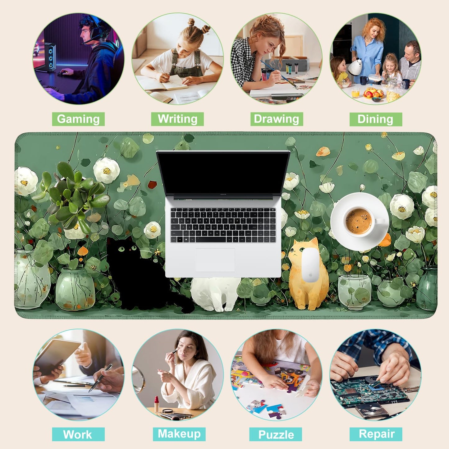 Desk Mat, XXL Extended Gaming Pad for Desktop, 31x12 Inches Floral Cats Three Kittens with Flowers, Large Non-Slip Vegan Leather Surface with Stitched Edges, Keyboard Mouse Mat for Home Office