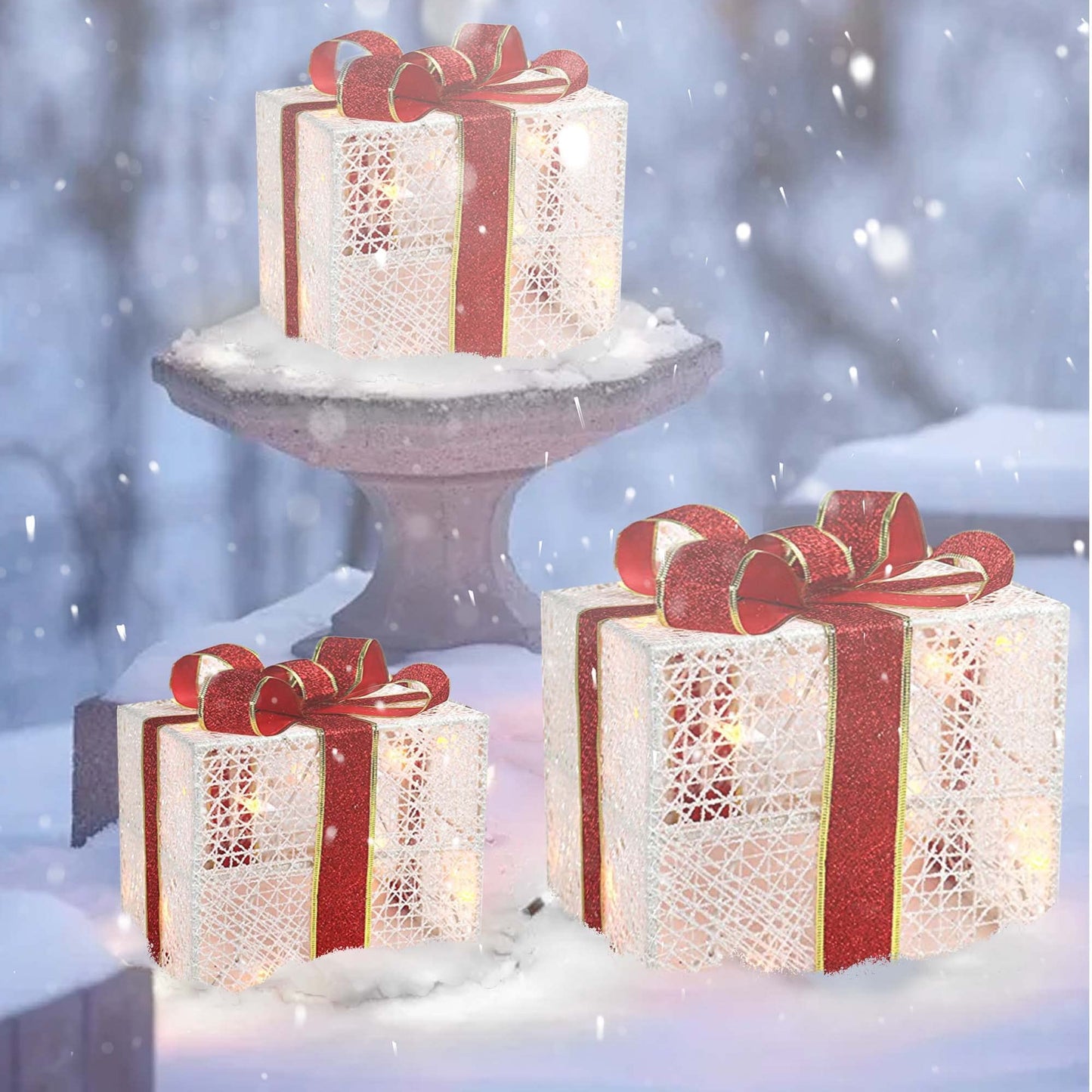 3-Piece Lighted Gift Boxes - Pre Lit Christmas Decoration with Ribbons for Indoor/Outdoor Use (8in) - Weather Resistant Yard Home Decor with Warm UL Lights