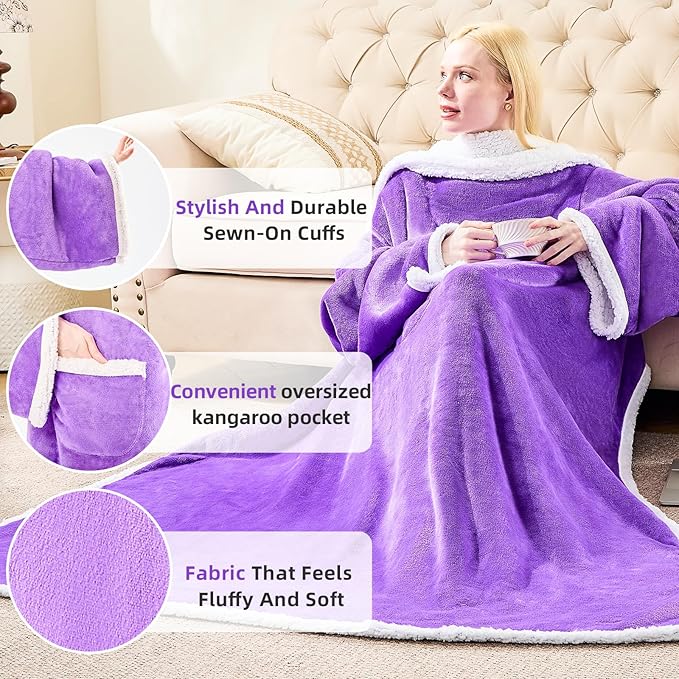 IFNOW Sherpa Wearable Blanket with Sleeves for Women Men Adults, Cozy Wearable Blanket with Arm and Pocket, Warm Full Body TV Wrap Throw Blanket, Soft Robe Blanket as Gifts for Mom Wife, Purple