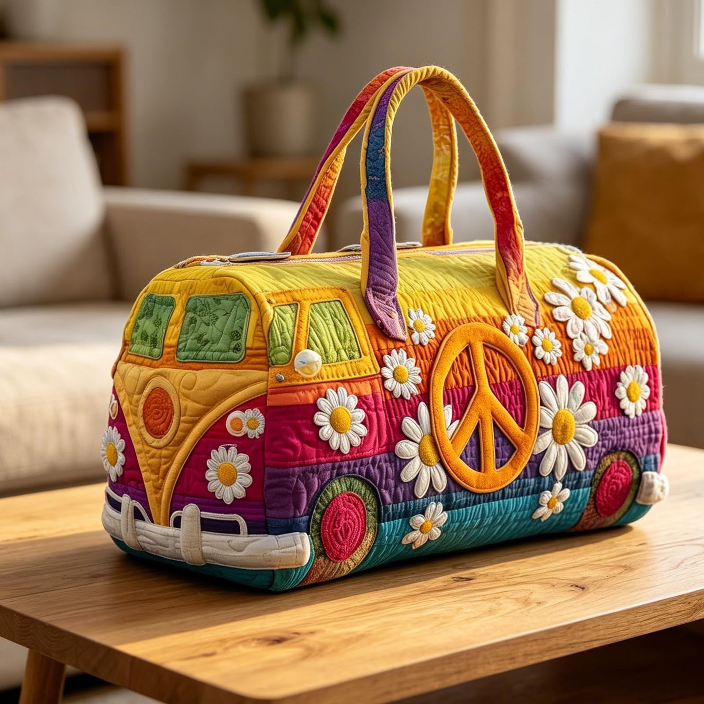 Hippie Bohemian Quilted Weekender Travel Bag, Multifunctional Tote Bags with Zipper Closure, Handmade Retro Book Duffle Bags for Party (#1 hippie bag)