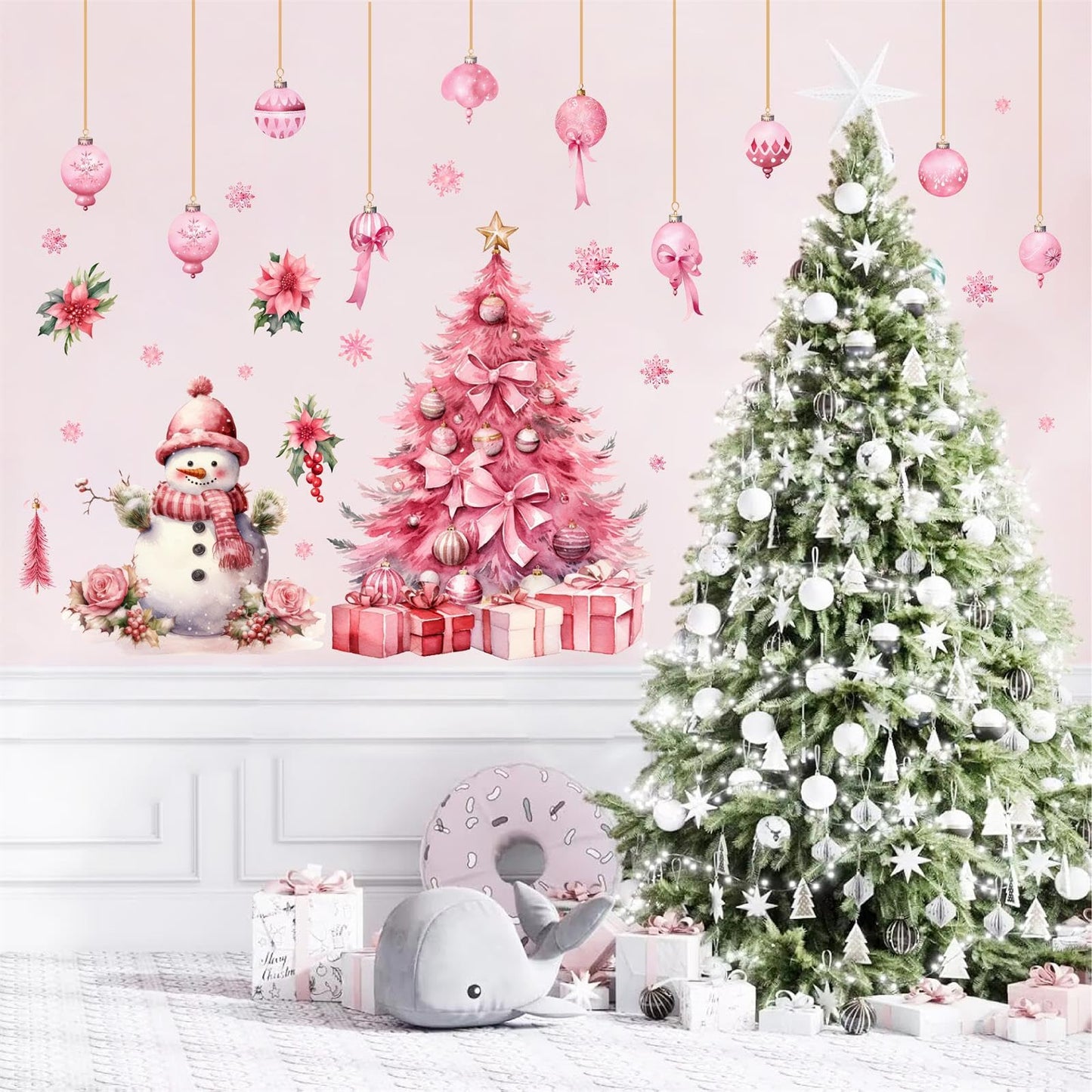 Large Pink Christmas Tree Wall Stickers Christmas Wall Decals Peel and Stick Snowman Stickers for Christmas Home Decor Indoor Hanging Ball Snowflake Art Murals for Living Room Xmas Party Supplies