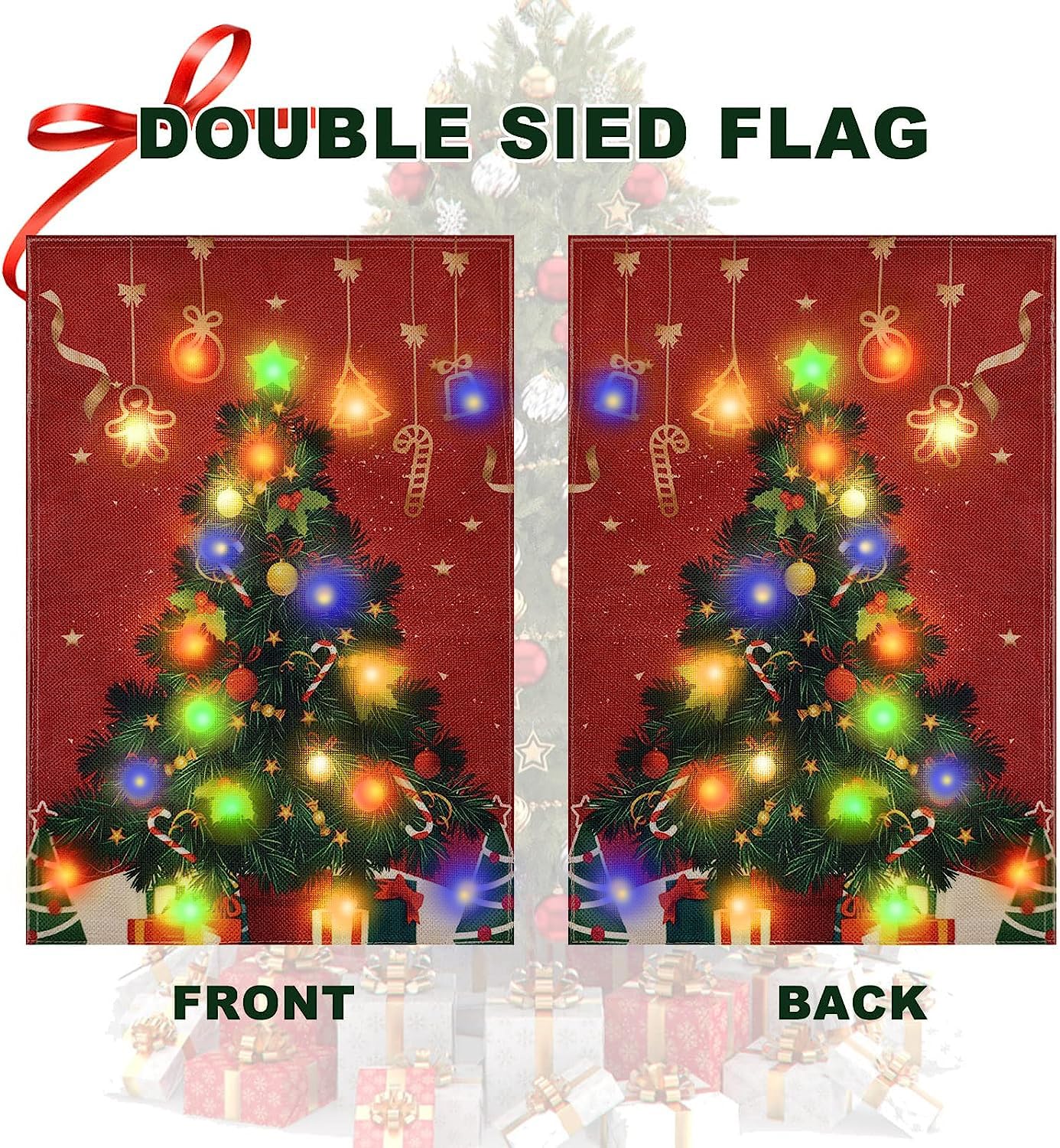 FLAGMESAGE Lighted Christmas Garden Flag for Outside, Solar LED Xmas Tree Flag Decoration, 12x18 Double Sided Outdoor Yard Lawn Decor