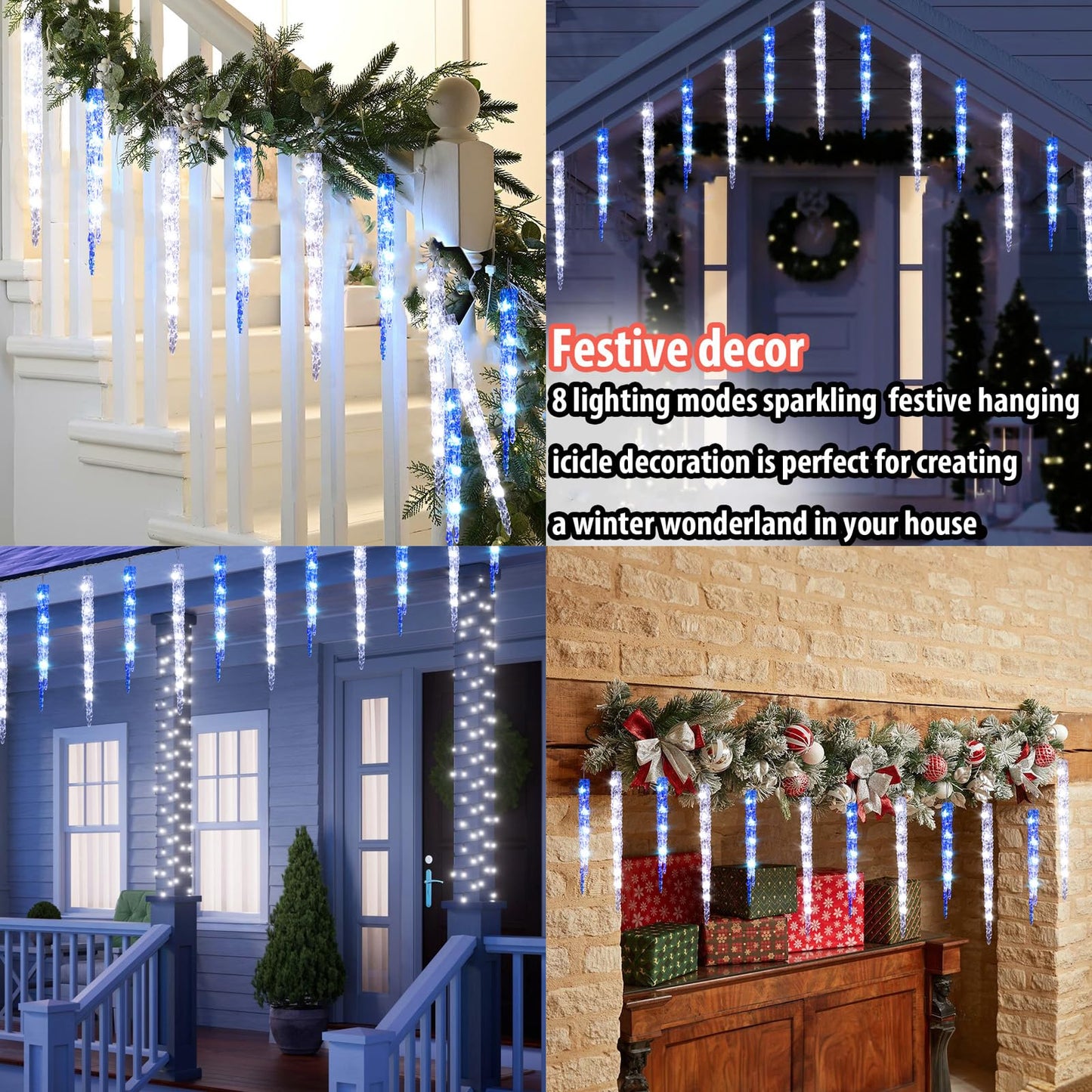 TWINKVILLA Blue and White Icicle Lights for Outside, Christmas Lights Outdoor with 20 Large Tubes, 29FT 8 Modes with Timer, Connectable Meteor Shower Light for Eave Roofline Tree Decoration