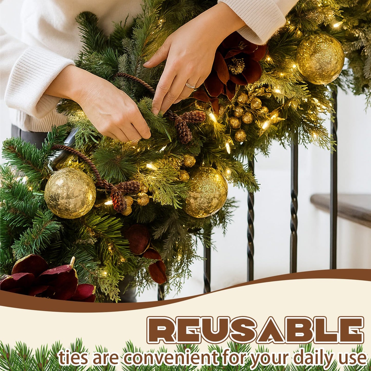 Riakrum 30 Pcs Christmas 20 Inches and 16 Inches Set Decorative Garland Twist Ties Garland Decor for Xmas Holiday Lights Bannisters Stairways Railings (Brown)