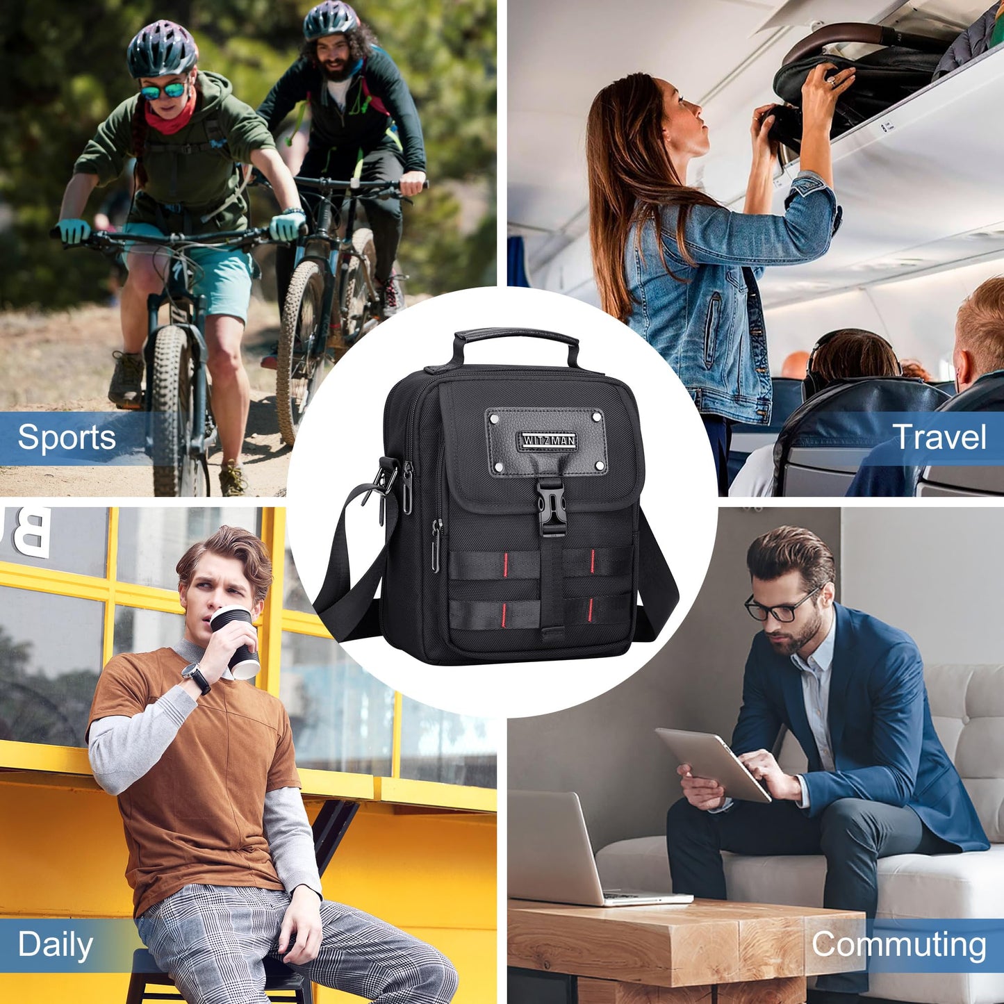 WITZMAN Crossbody Bag for Men Lightweight Man Purse Messenger Bag Casual Satchel Nylon Shoulder Bag for Work Traveling(B708 Black)