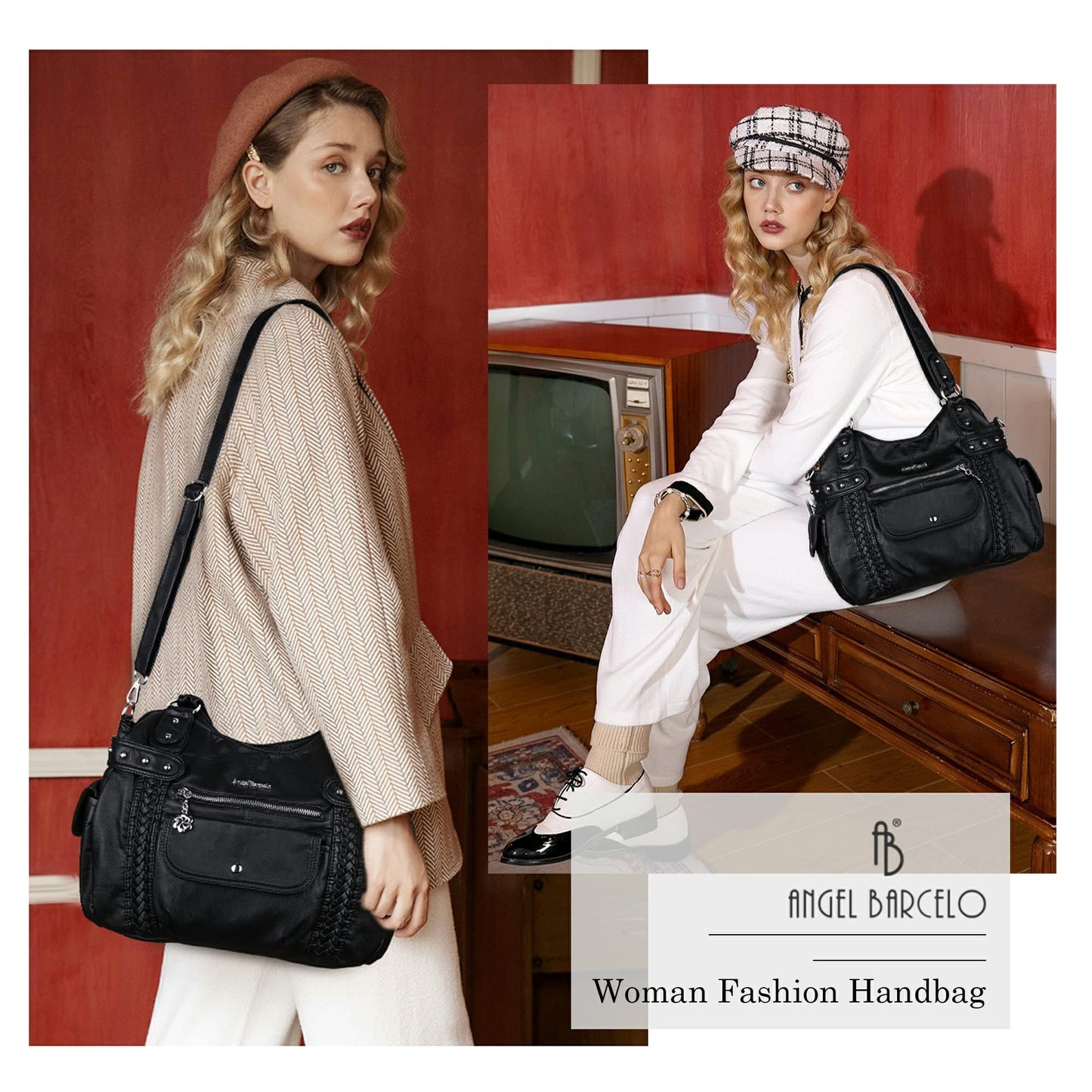 Angel Barcelo Large Purses for Women Soft PU Leather Hobo Bag for Women Shoulder Bag Black