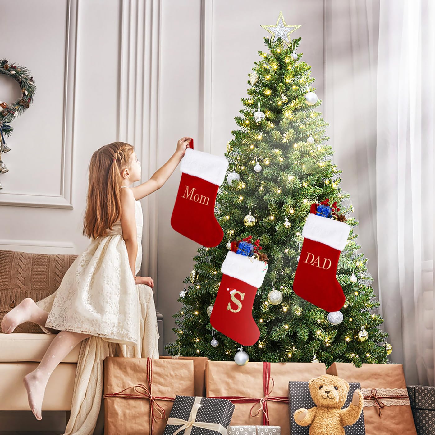 20 Inches Monogram Christmas Stockings with Mom Letters, Large Super Soft Christmas Stockings Red Velvet with White Super Soft Plush Cuff for Christmas Xmas Tree Holiday Fireplace