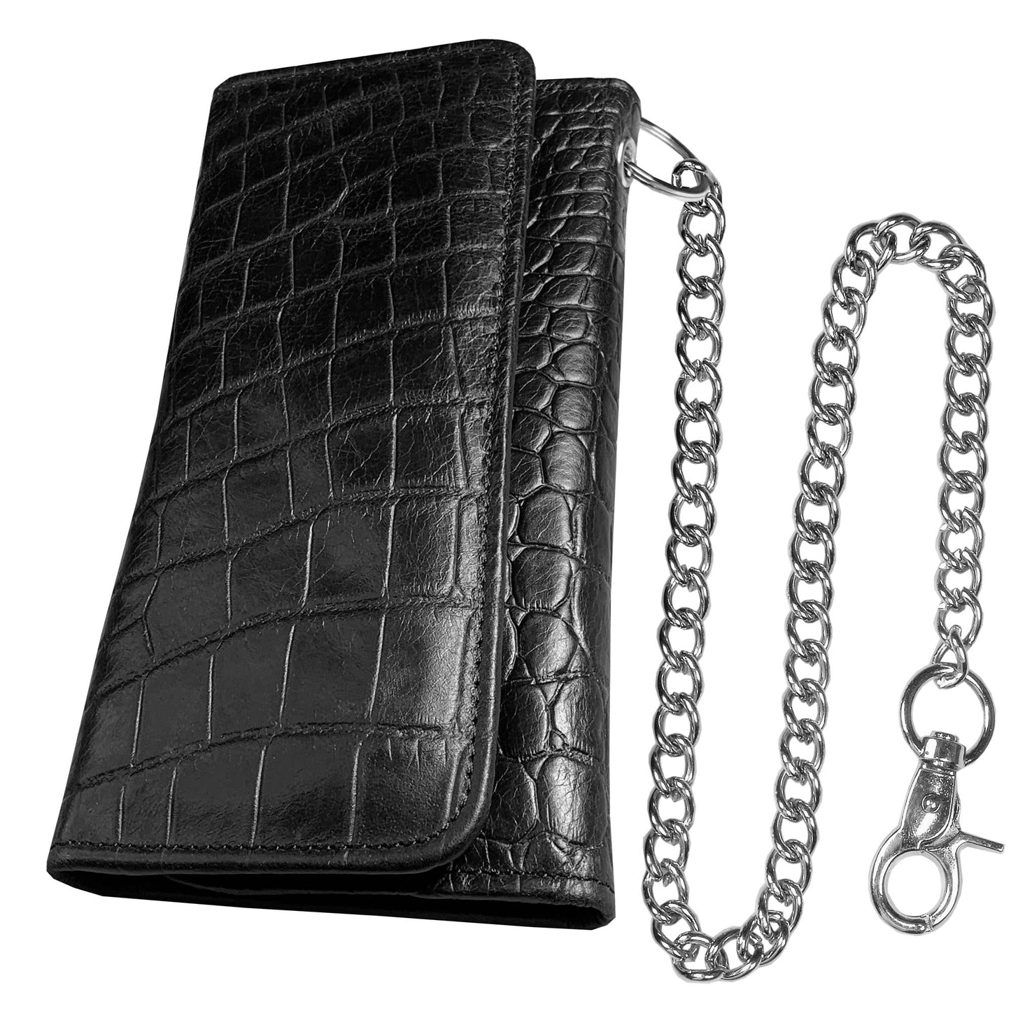 IBRO Motorcycle Chain Wallet for Men – Premium Cowhide Leather, RFID Tri-Fold Biker Wallet with Heavy Duty Chain for Bikers Truckers & Hunters, Credit Card Money Organizer Long Wallet Crocodile Black