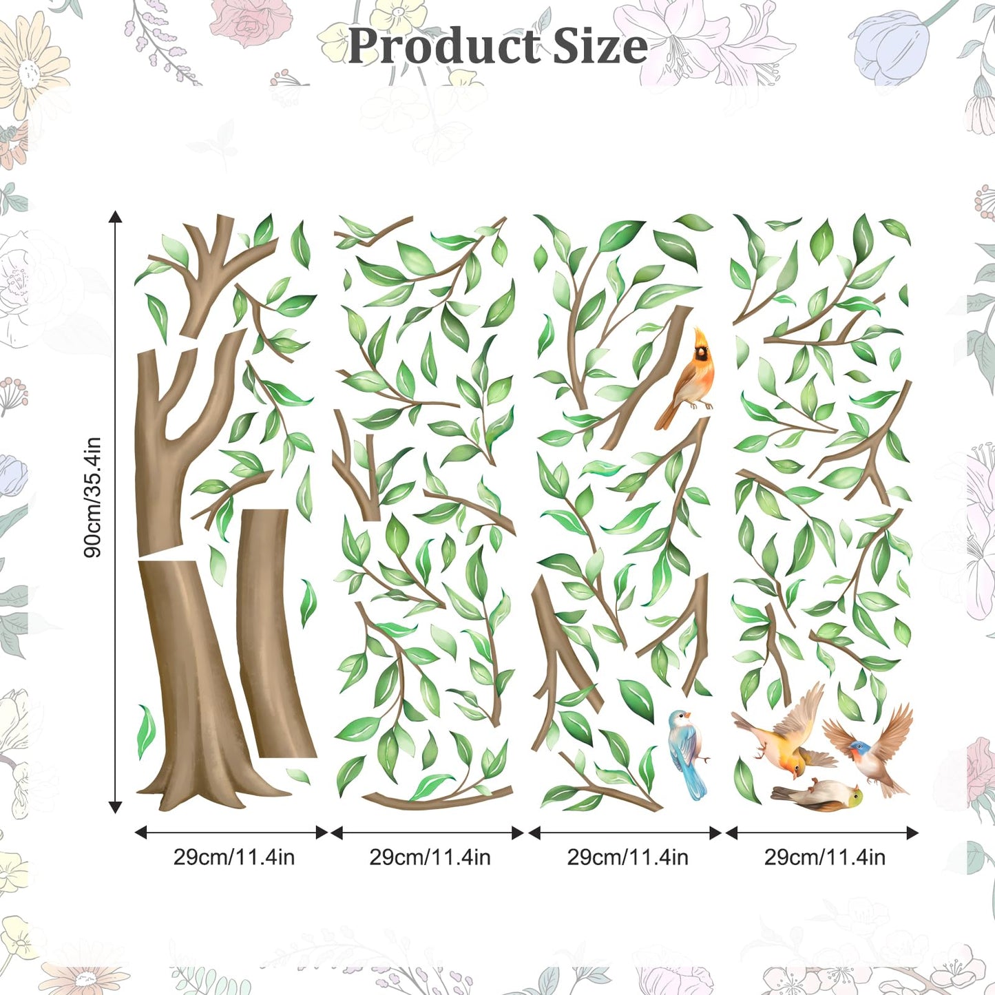 Large Green Tree Wall Decals, Falling Leaves Birds Wall Stickers Vinyl Peel and Stick Wall Decal Self Adhesive Wall Art Sticker for Aisle Bedroom Office Sofa Backdrop Wall Home Decor (W56.7 * H65.4in)