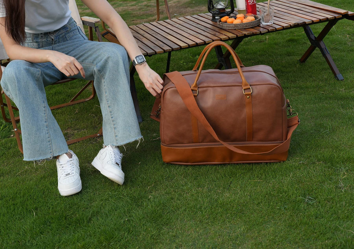 BAOSHA Vegan Leather Large Travel Duffel Tote Bag Carry On Weekender Overnight Bag With Shoe Compartment HB-38 (Brown)