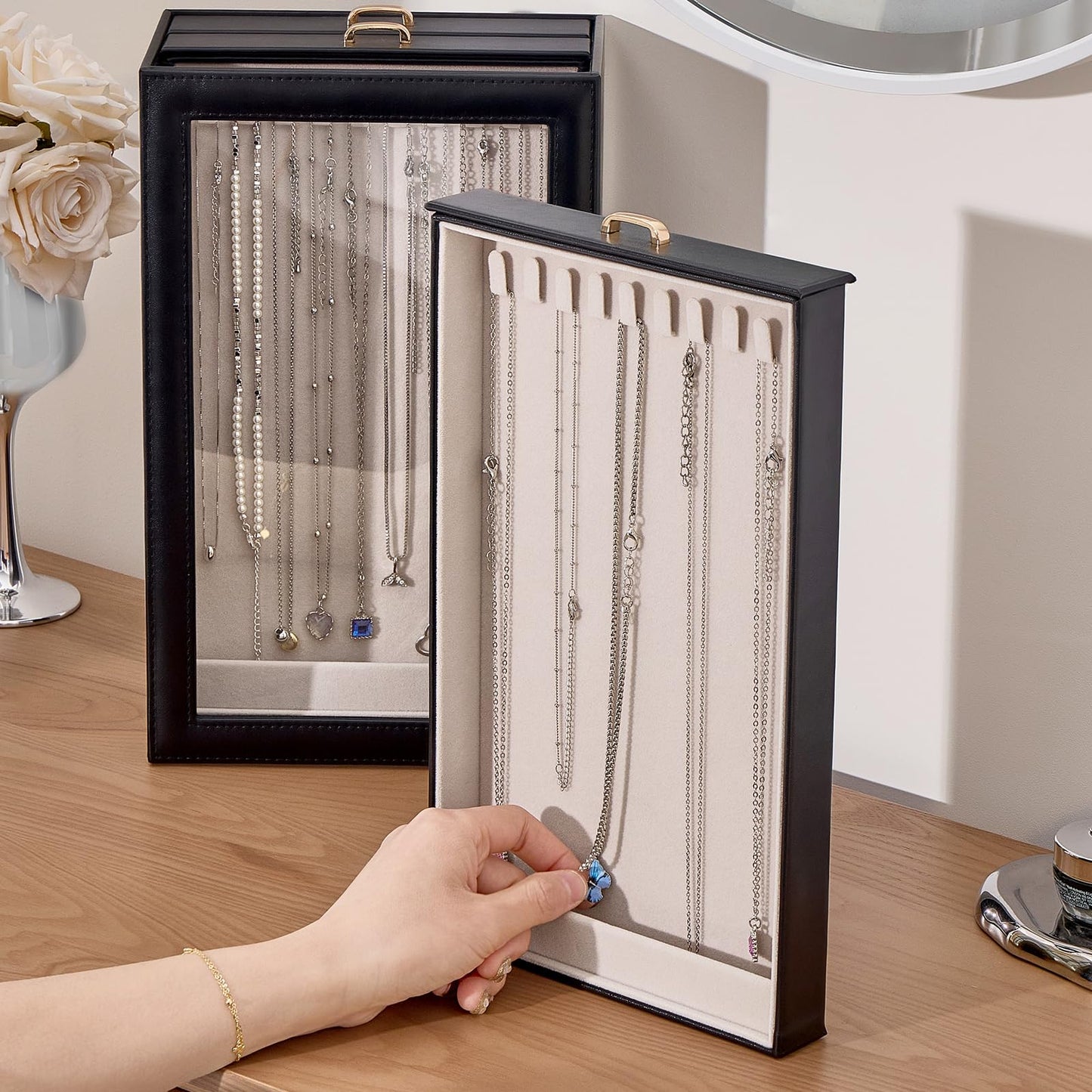 Lolalet Necklace Organizer Box, Jewelry Storage Box with Clear Window for Necklaces Bracelets, Tangle-Free Necklace Display Case for Women Girls, Black, 3 Layers 30 Hooks