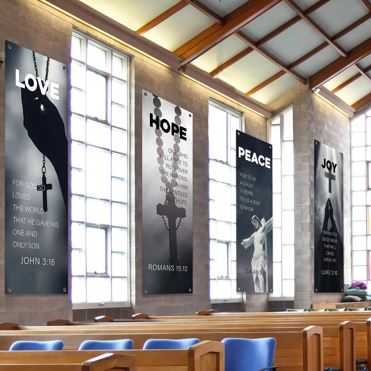 4Pcs Easter Church Banners for Sanctuary Wall Love Hope Joy Peace Religious Banners Hanging Backdrop Jesus Faith Cross Church Banner with Scripture Bible Verse Banner for Easter School Decor