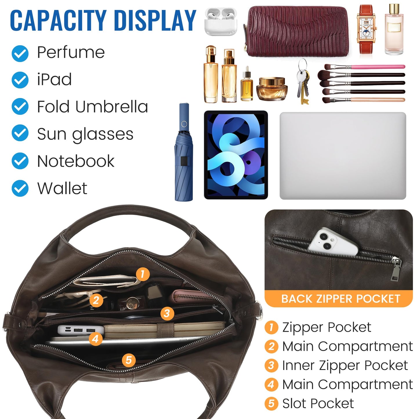 KOGTLA Vegan Leather Purses for Women with Detachable Satchel Strap, Ladies Handbags, Tote Hobo Bags with Top Handle Dark Coffee