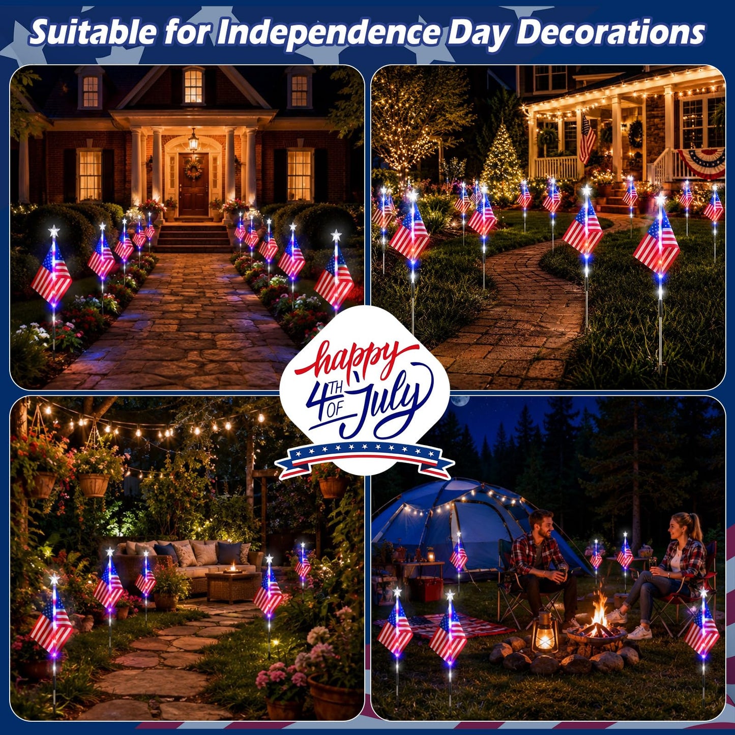 DTNESS 12 Pack 108 LED American Flag Pathway Lights, 4th of July Decoration Outdoor, Waterproof Patriotic USA Flag Stake Lights w/ 8 Modes, Red White Blue Lights for Memorial Day Independence Day