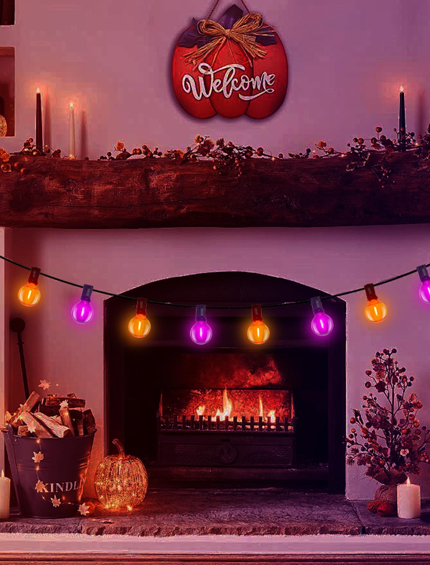 25FT Halloween String Lights Outdoor Plug-In, 25 G40 LED Bulbs & 2 Spare, E12 Base, 2700K Warm White, Shatterproof, Outdoor Halloween Decorations for Garden Patio Christmas, Clear Purple Orange