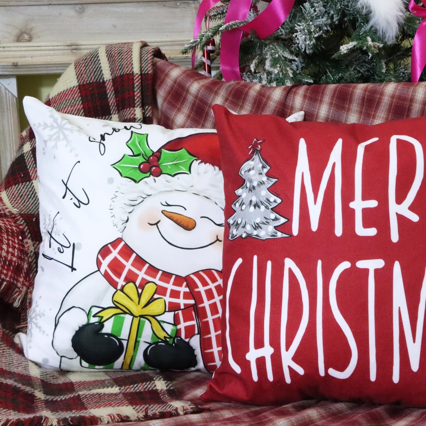 RidaaFri Christmas Pillow Covers 18x18 Inch Set of 4 Merry Christmas Red Throw Pillow Cases Winter Holiday Cushion Case Snowman Santa Claus Xmas Decorations for Home