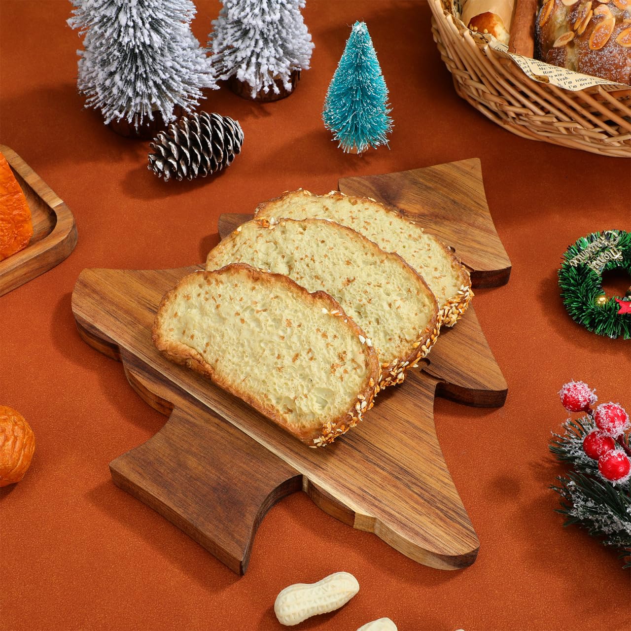 JECOMPRIS Wooden Christmas Tree Shaped Board: 11x9.8in Xmas Tree Serving Tray for Holiday - Charcuterie Board with Handle for Pizza Butcher Block Cheese Vegetables Fruit Salad