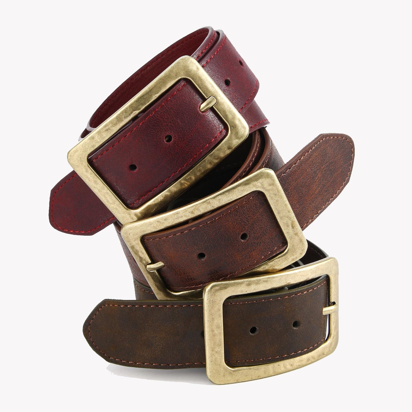 HOTWILL Wide Belts for Women Dresses Jeans Chunky Faux Leather Ladies Waist Belt with Vintage Gold Buckle Burgundy Red Small