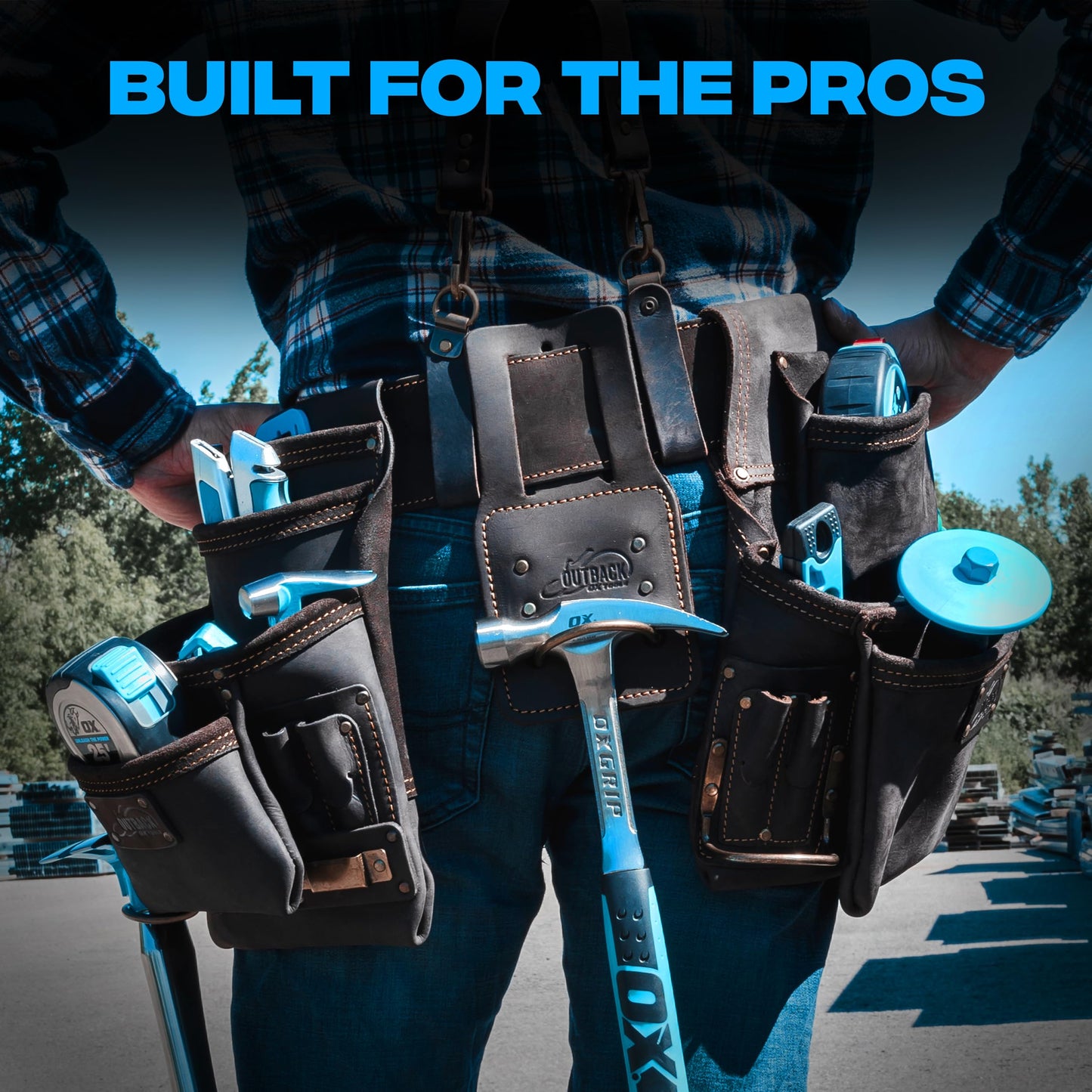 OX Pro Oil Tanned Leather Tool Belt with Padded Suspenders Leather Carpenter Tool Belt with Suspenders and Pouches Dual Hammer Holsters for Men - Morrales Para Carpintero