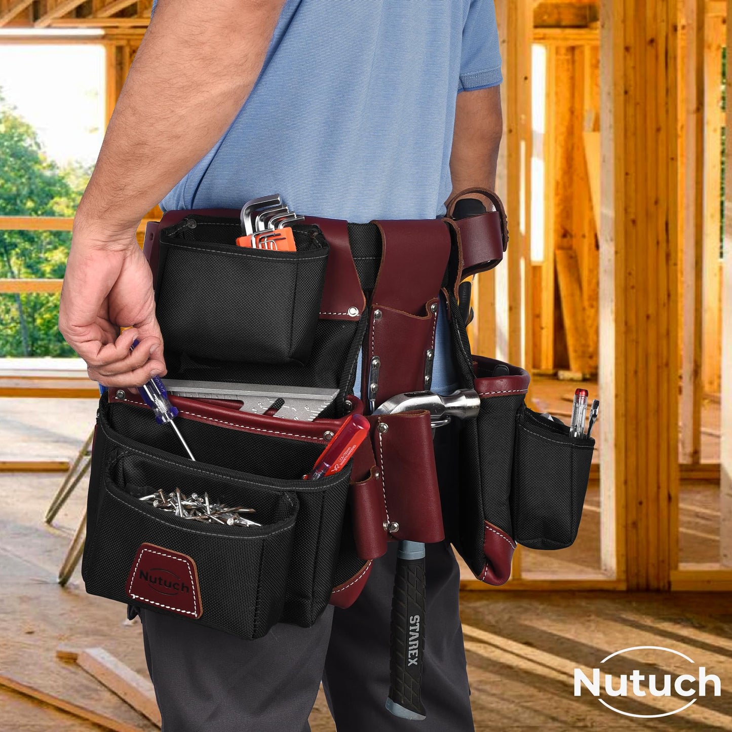 NUTUCH Nylon and Leather Tool Belt | Nylon Tool Pouch | Carpenter Tool Belt | Construction | Framers | Electrician Tool Belts | Drywall Tool Bags | Handyman | Electric (BLACK)
