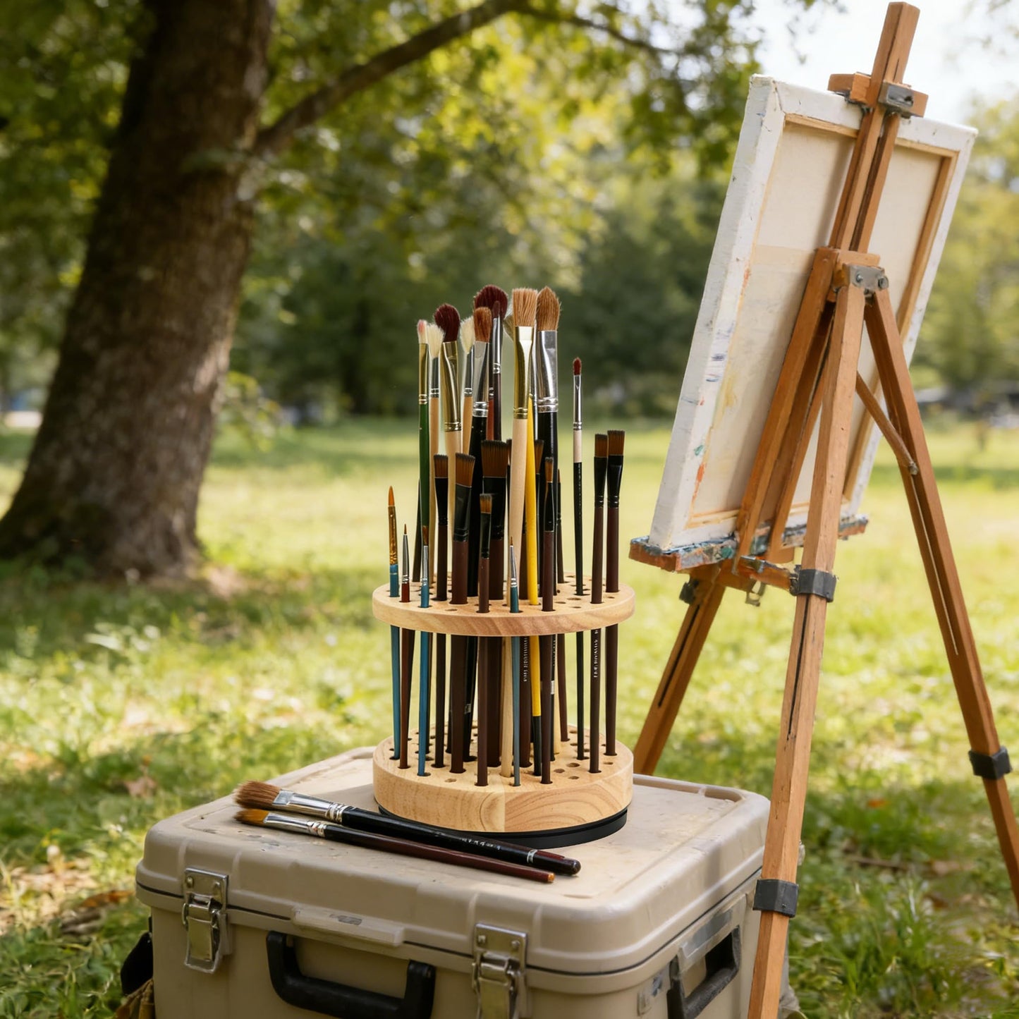 360 Rotating Paint Brush Holder, 52 Holes, Natural Wood