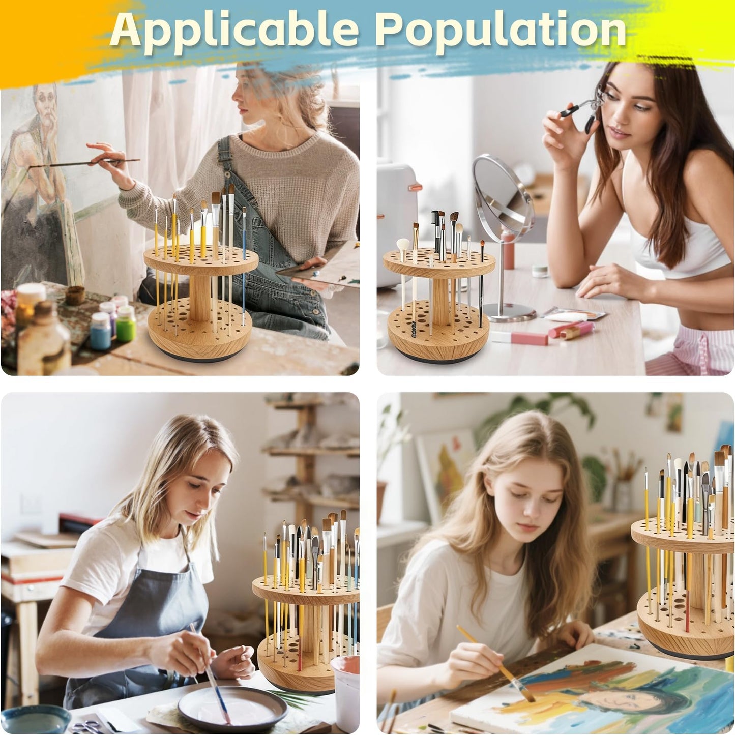 Natural Solid Hardwood Paint Brush Organizer – 360° Smooth Rotating, 52-Hole Vertical Storage Rack, Compact Desktop Holder for Cosmetic Brushes, Craft Supplies & Calligraphy Pens