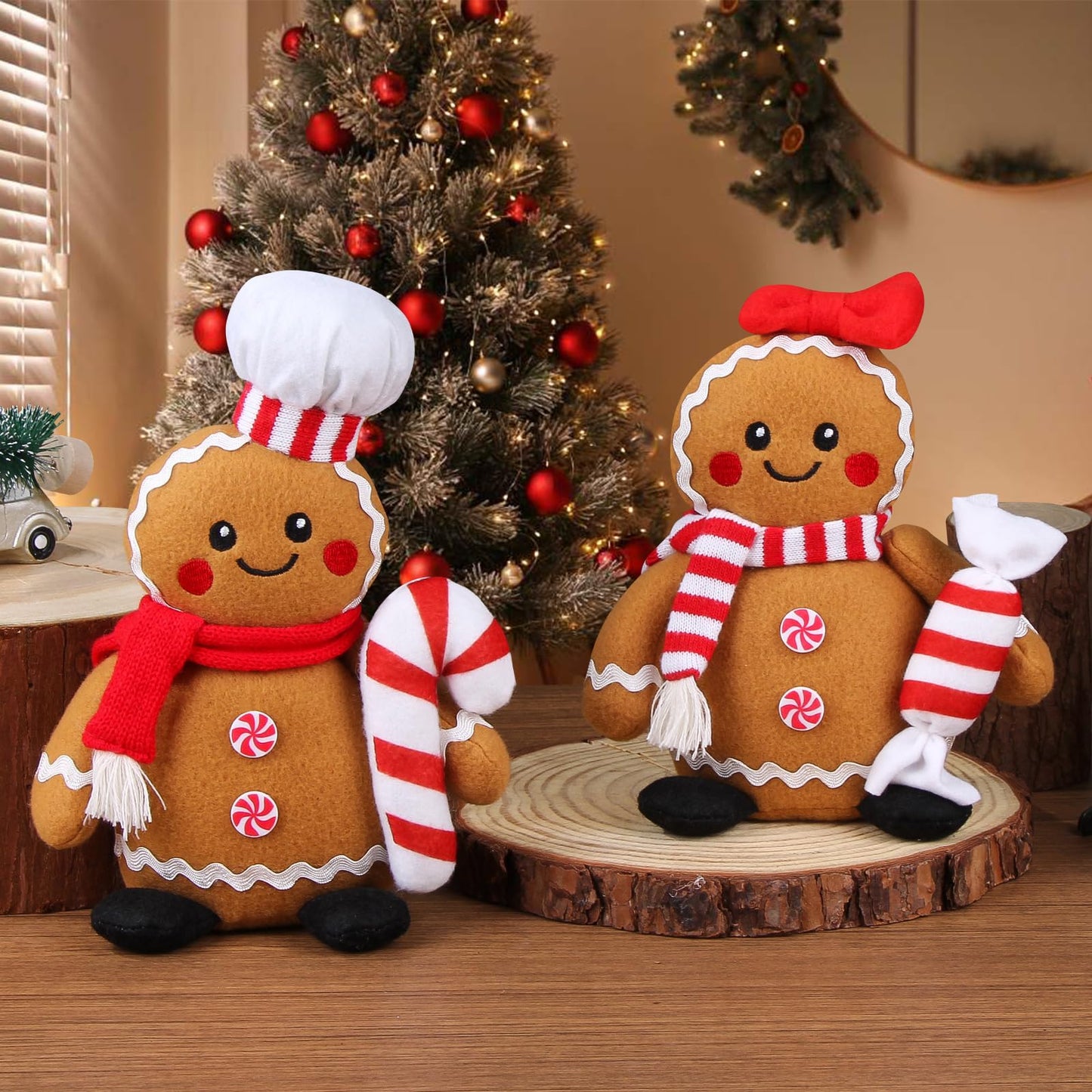 BWFY Christmas Gingerbread Man Plush Toys Set of 2, Festive Gingerbread Couple Stuffed Animals with Candy Props, Xmas Decorations & Gifts, Christmas Holiday Home Decor