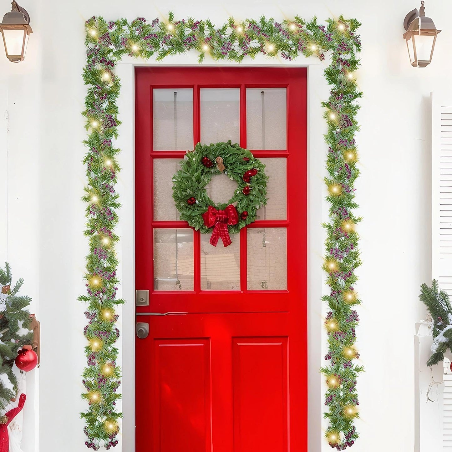 Christmas Garland with Light,Lighted Snowy Red Berries Holly Leaves Garland for Fireplace Mantle Indoor Outdoor Christmas Decoration 6.5FT Pre-lit Battery Operated Xmas String Lights 2 Pack