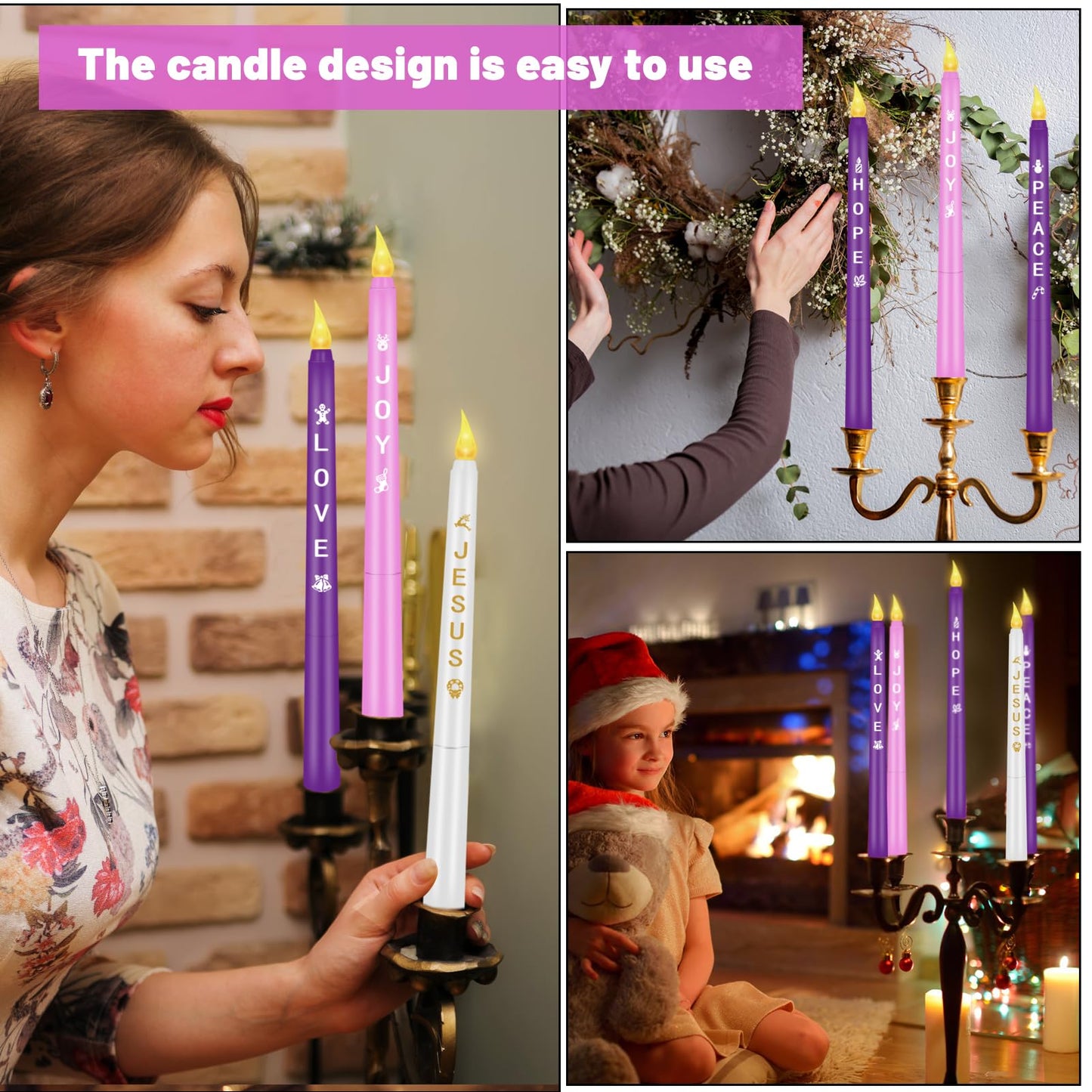 RGQSUN LEDs Flameless Advent Candles Sets of 5 Christmas Advent Candles Battery Operated Flickering Flameless Taper Candle for Christmas Wreath Advent Decor(Battery is not Included)