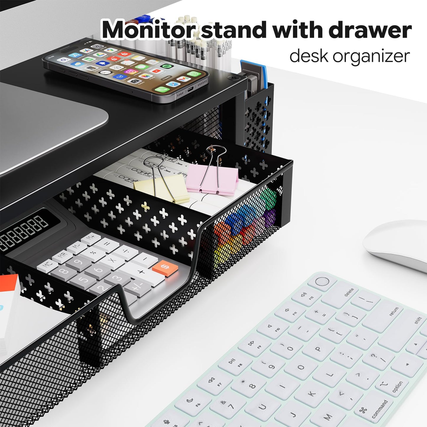 Simple Trending Desk Organizer and Accessories, Computer Metal Monitor Stand Riser with Drawer and Pen Holder for Laptop, Computer, iMac, Black