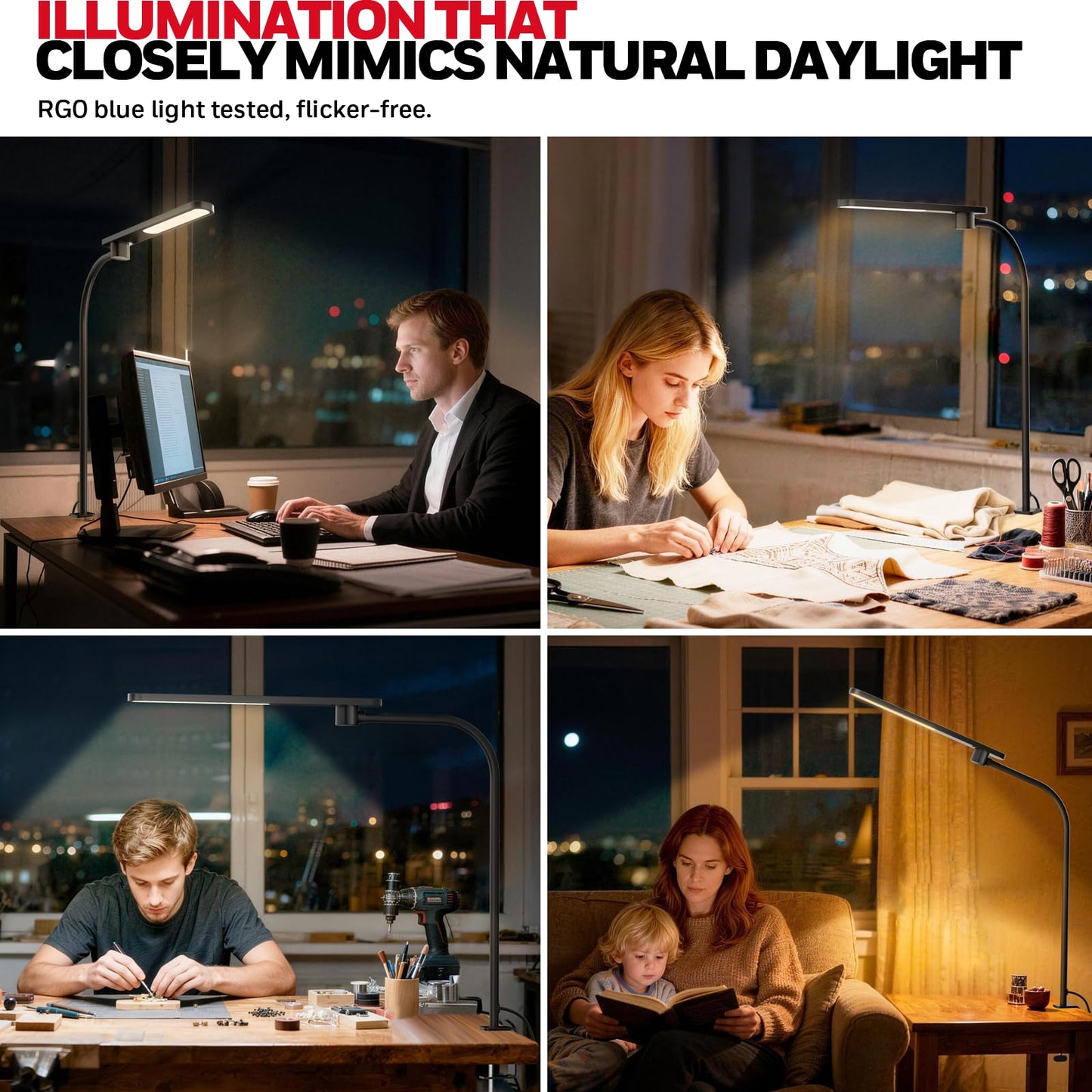 Honeywell HJ2 Sunturalux™ Clamp LED Desk Lamp, CRI≥97 Full-Spectrum Eye-Caring Light, 3 Color Modes & Stepless Dimming, 16" Flexible Gooseneck for Reading, Home Office, Art Creation (Black)