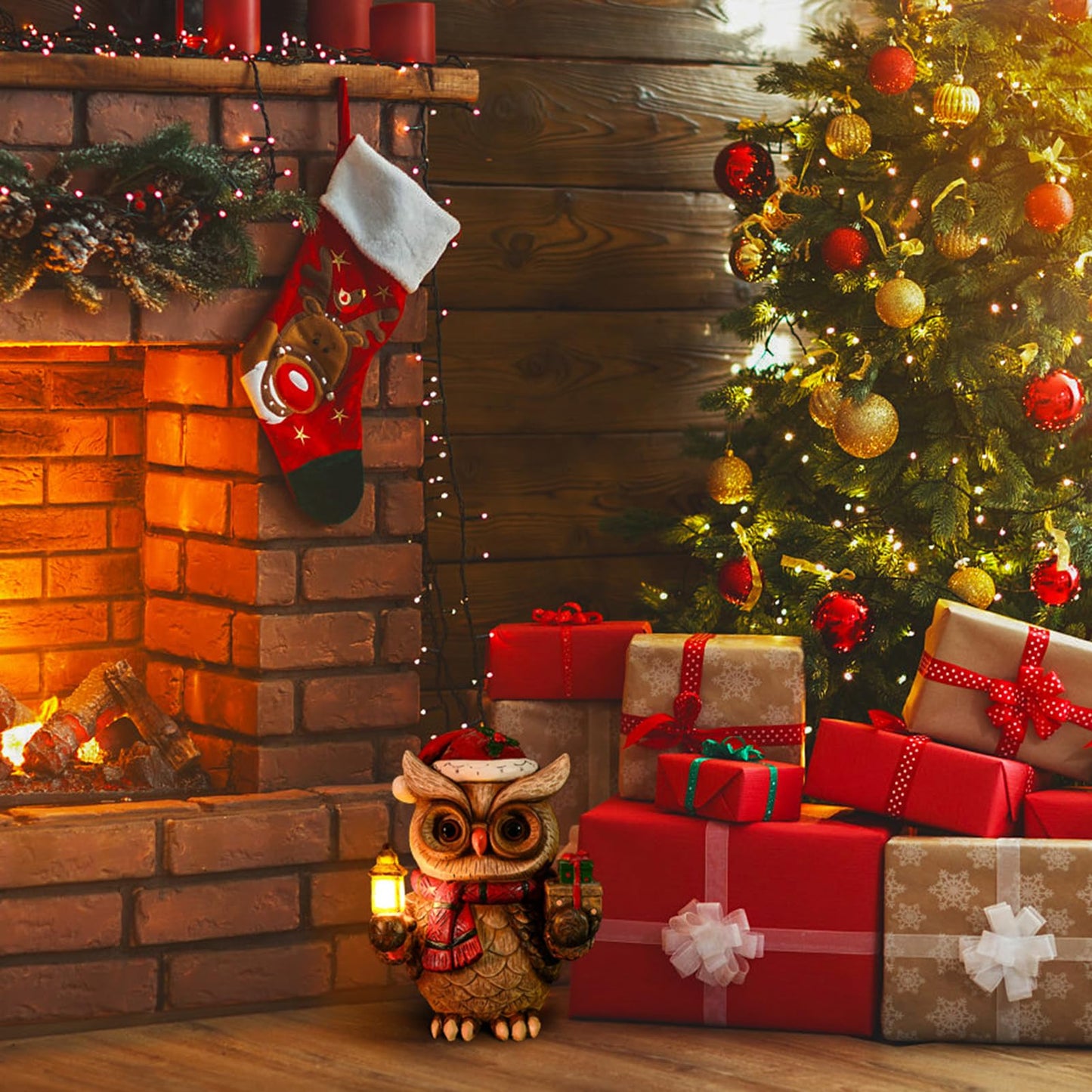 WONDHOME Solar Christmas Owl Decoration Resin Owl Outdoor Statue with LED Lantern for Porch Garden Patio Yard Home Decor Christmas Housewarming Gifts for Women Mom