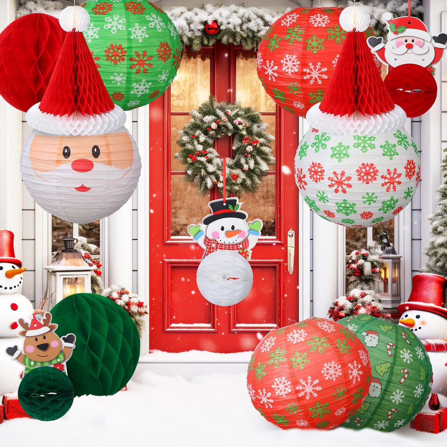 Gersoniel 24 Pcs Christmas Hanging Paper Lanterns Party Decorations Red and Green Christmas Lanterns Garland Set Honeycomb Santa Hat 3D Snowman Reindeer Holiday Xmas Ornaments Home Winter Party Decor