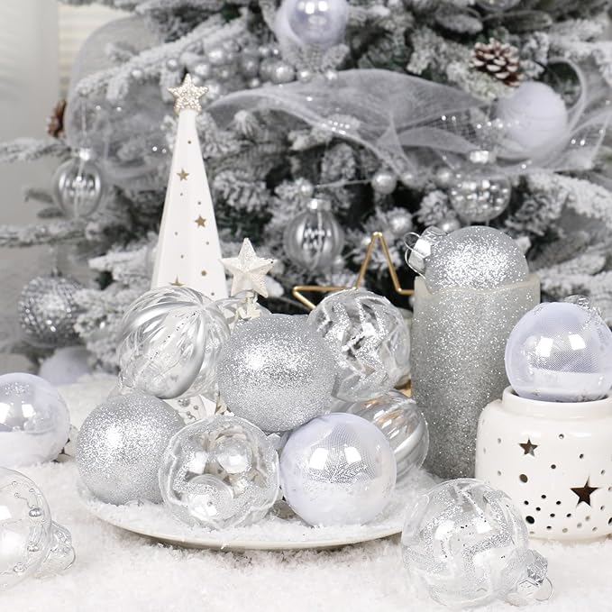 SY Super Bang 30PCS Silver Christmas Ornaments Set, 60MM/2.36" Clear Plastic Shatterproof Ball Ornaments for Christmas Tree Hanging Decorations, for Home Holiday Party Xmas Decor.