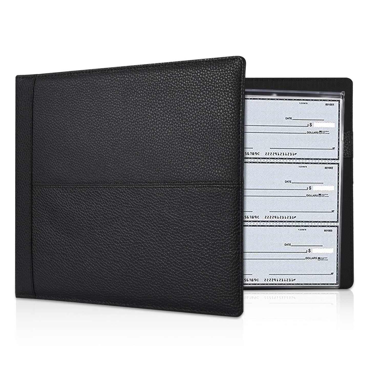7 Ring Executive Business Check Binder 600 Checks Capcity for 9" x 13" Sheets, PU Leather Checkbook Holder with Zip Pouch