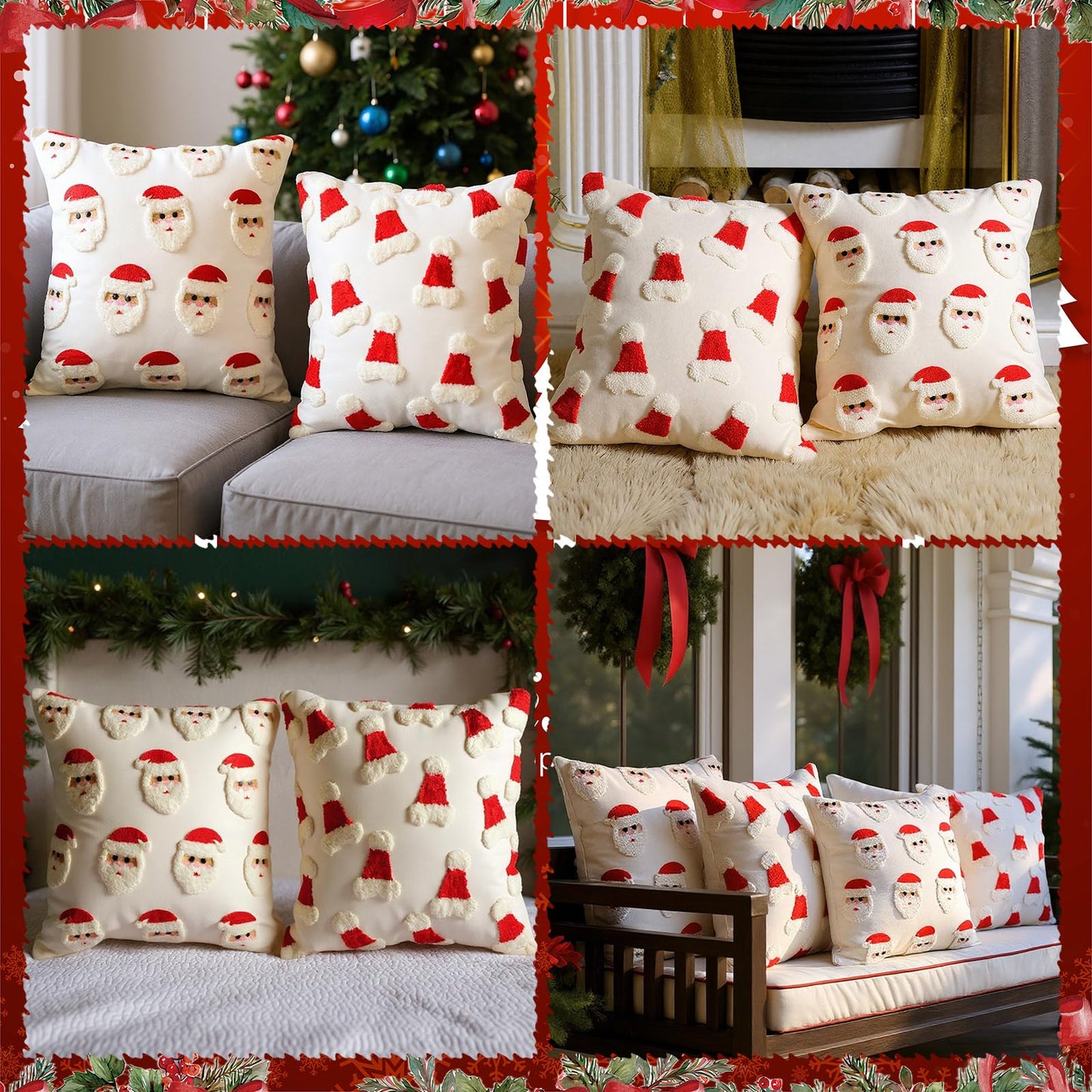 Hahafelt 2 Pcs Christmas Throw Pillow Covers 18x18 Inch Santa Claus Christmas Decorative Square Pillowcases Embroidery Cushion Covers Soft Plush Faux Fur Wool Decor for Winter Sofa Living Room