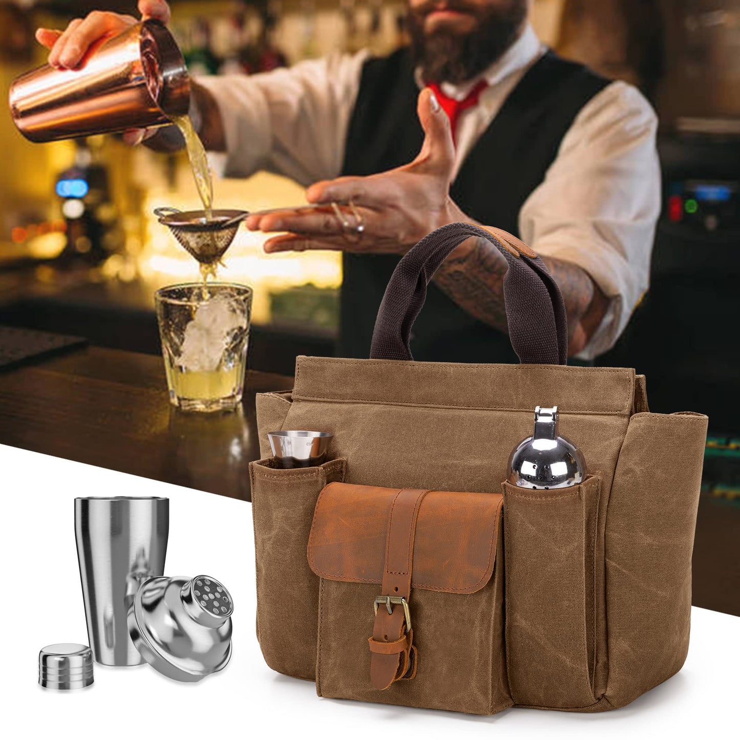 LoDrid Tote Bartender Bag, Genuine Leather Waxed Canvas Portable Carrying Cocktail Shaker Kit Bag with Handle for Travel Home Indoor Outdoor Party (Bag Only)(Patent Design)